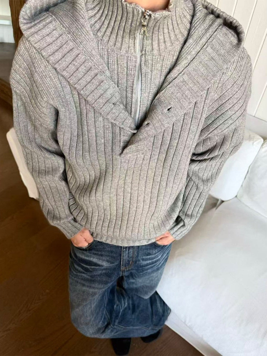 EME Fake Two-piece Stand-up Neck Hooded Thickened Knitted Sweater Jacket
