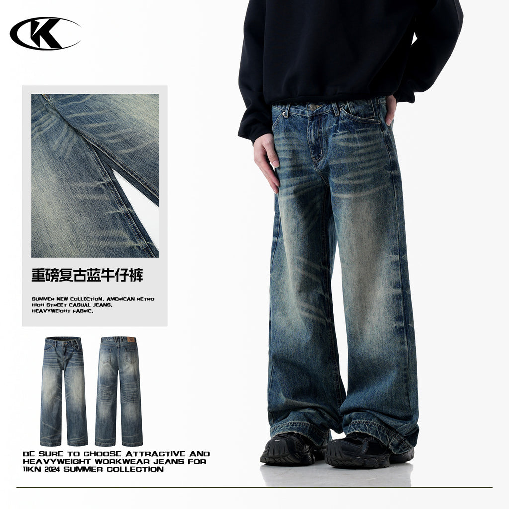 11KN American Retro Cleanfi Heavy High Street Washed Blue Loose Straight Wide Leg Long Jeans