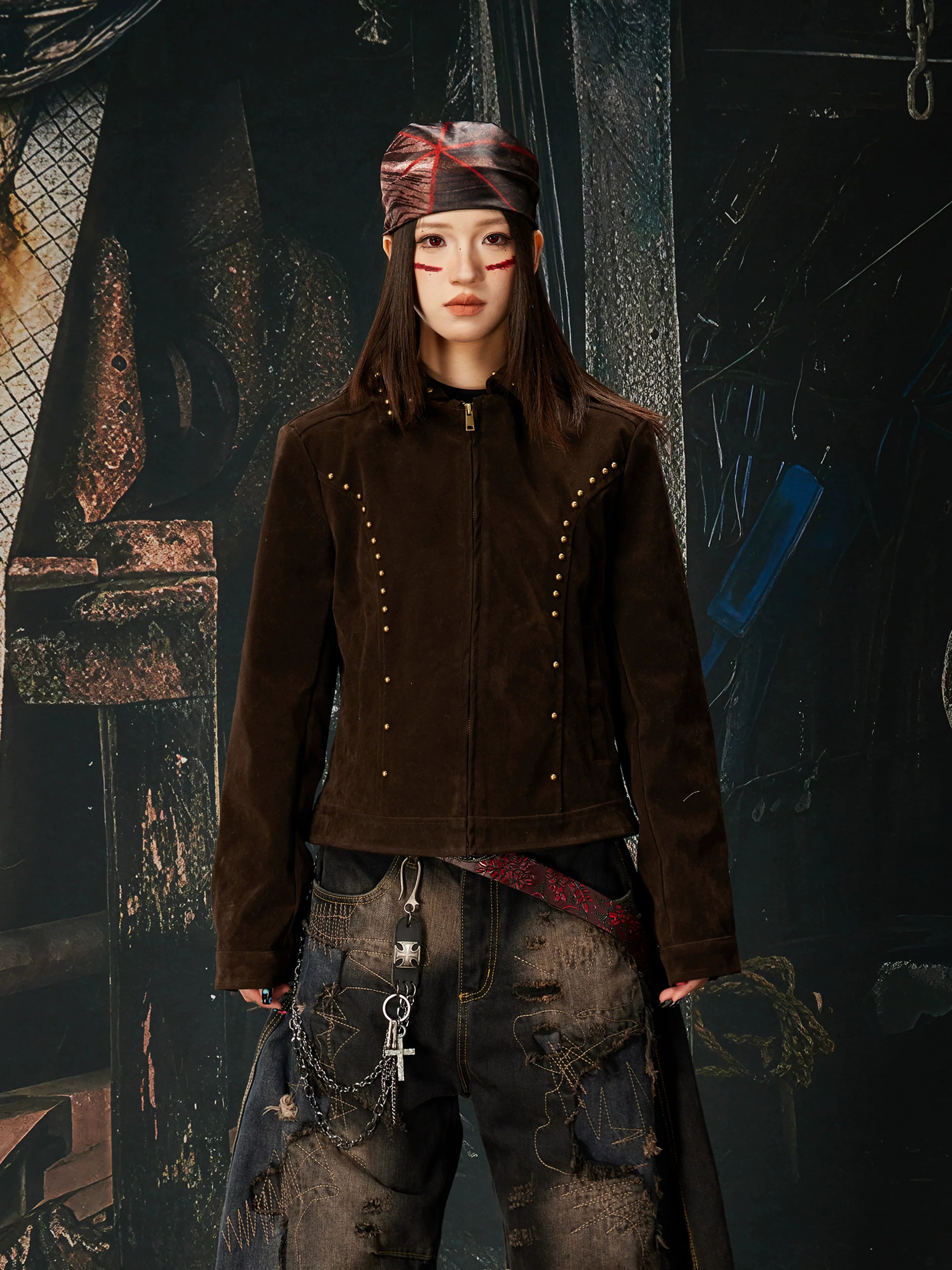 NOMANIAI Fleece Vintage Slim-fit Rivet Stand-up Neck Zipper Jacket
