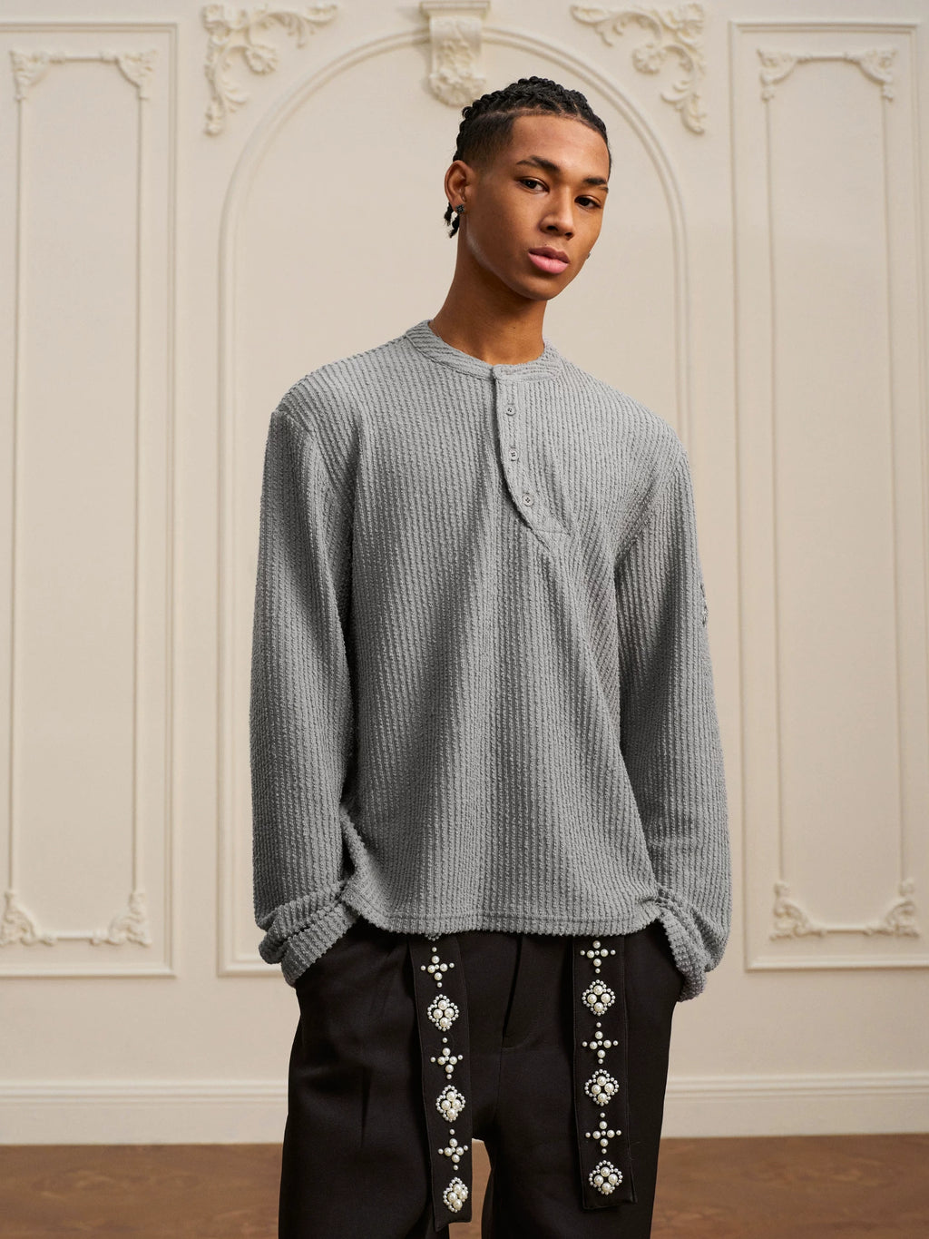 YADcrew Strip Texture Twisted Henry Neck SLong Sleeve Sweater