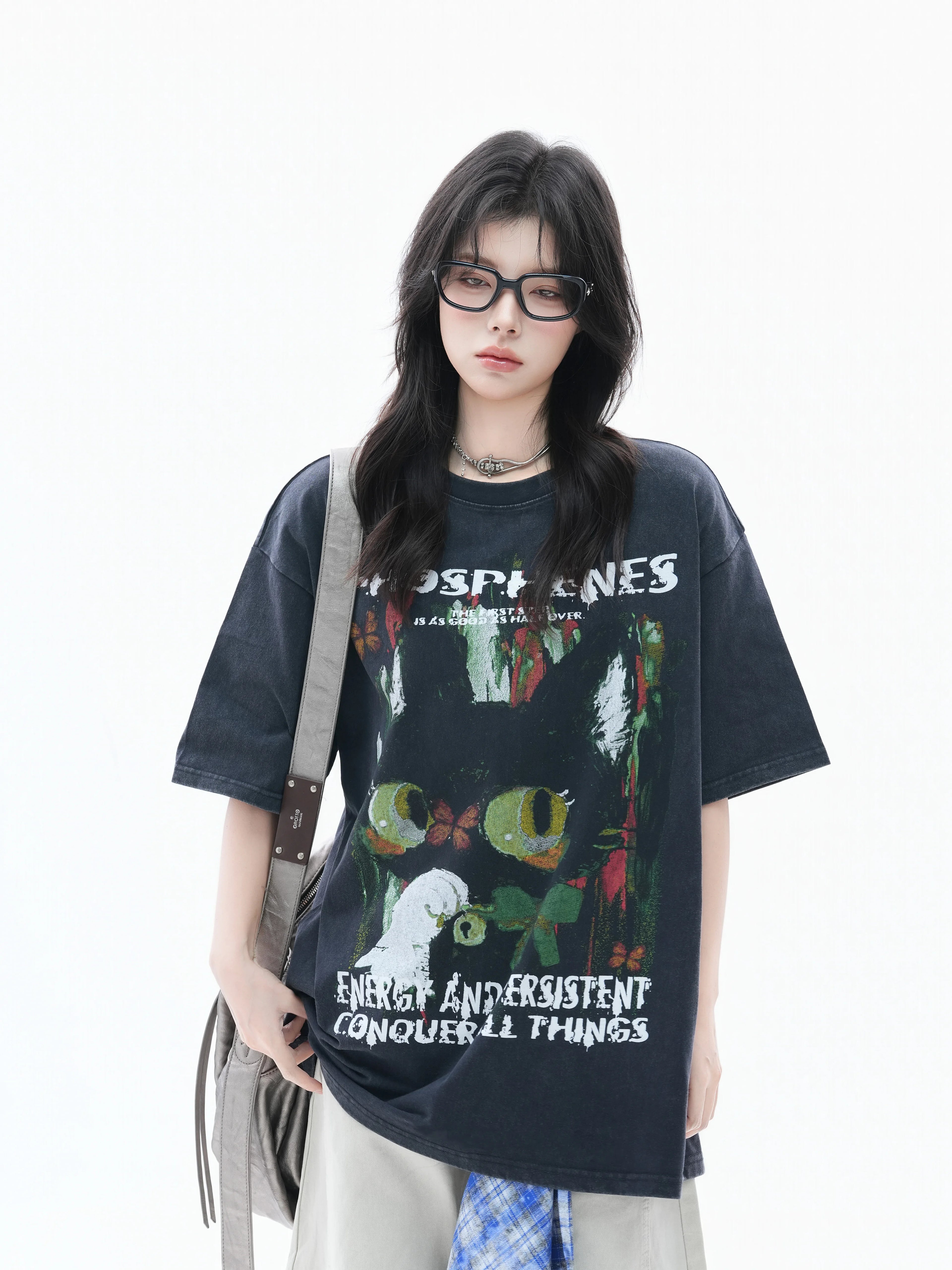 Zuocisankon Oversize Cute Cat Graffiti Print Tee