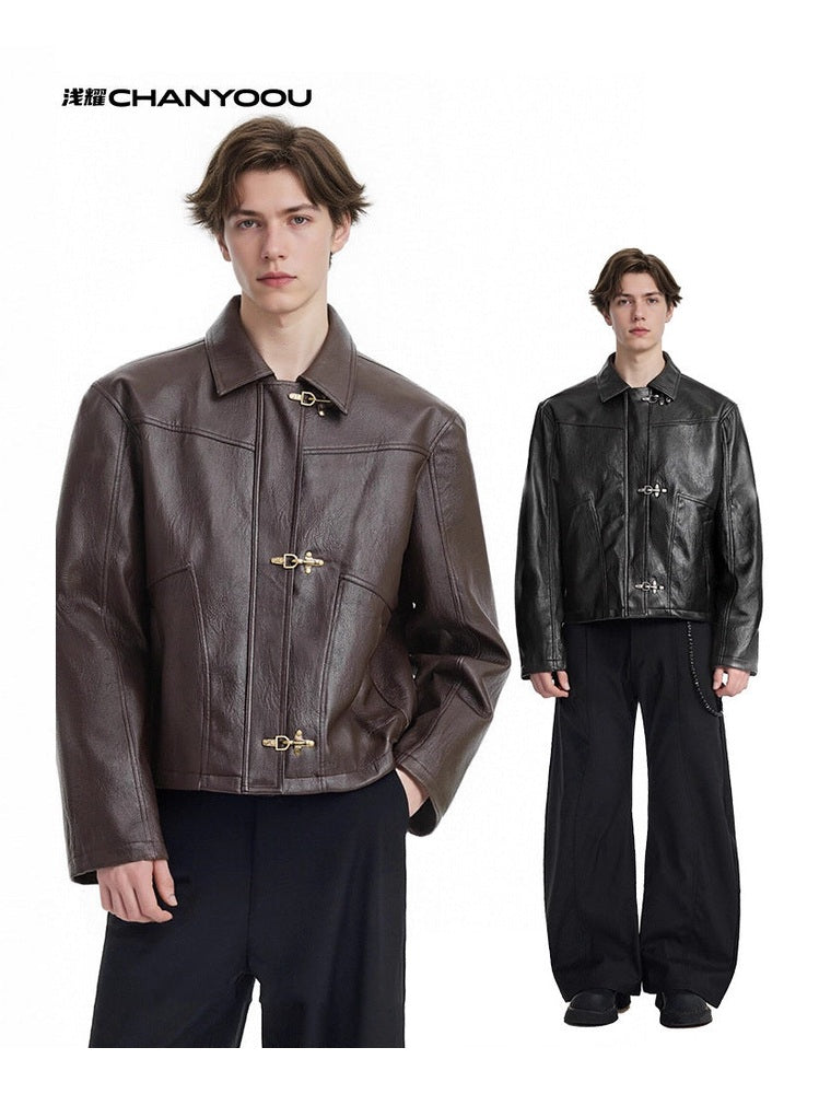 CHANYOOU Retro Short Front Shoulder Leather Jacket