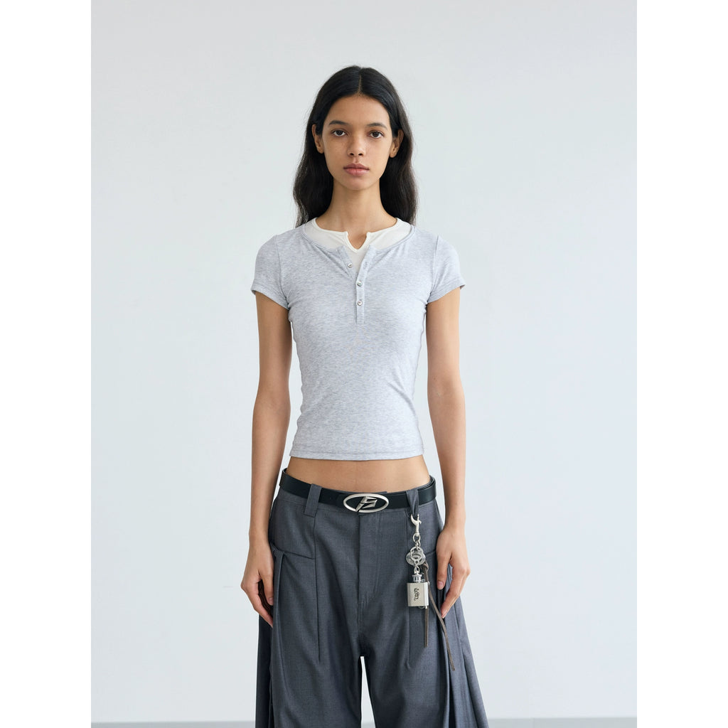 PEOPLESENSE Henry Collar Fake Two-piece Stacked Slim-fit Short Tee
