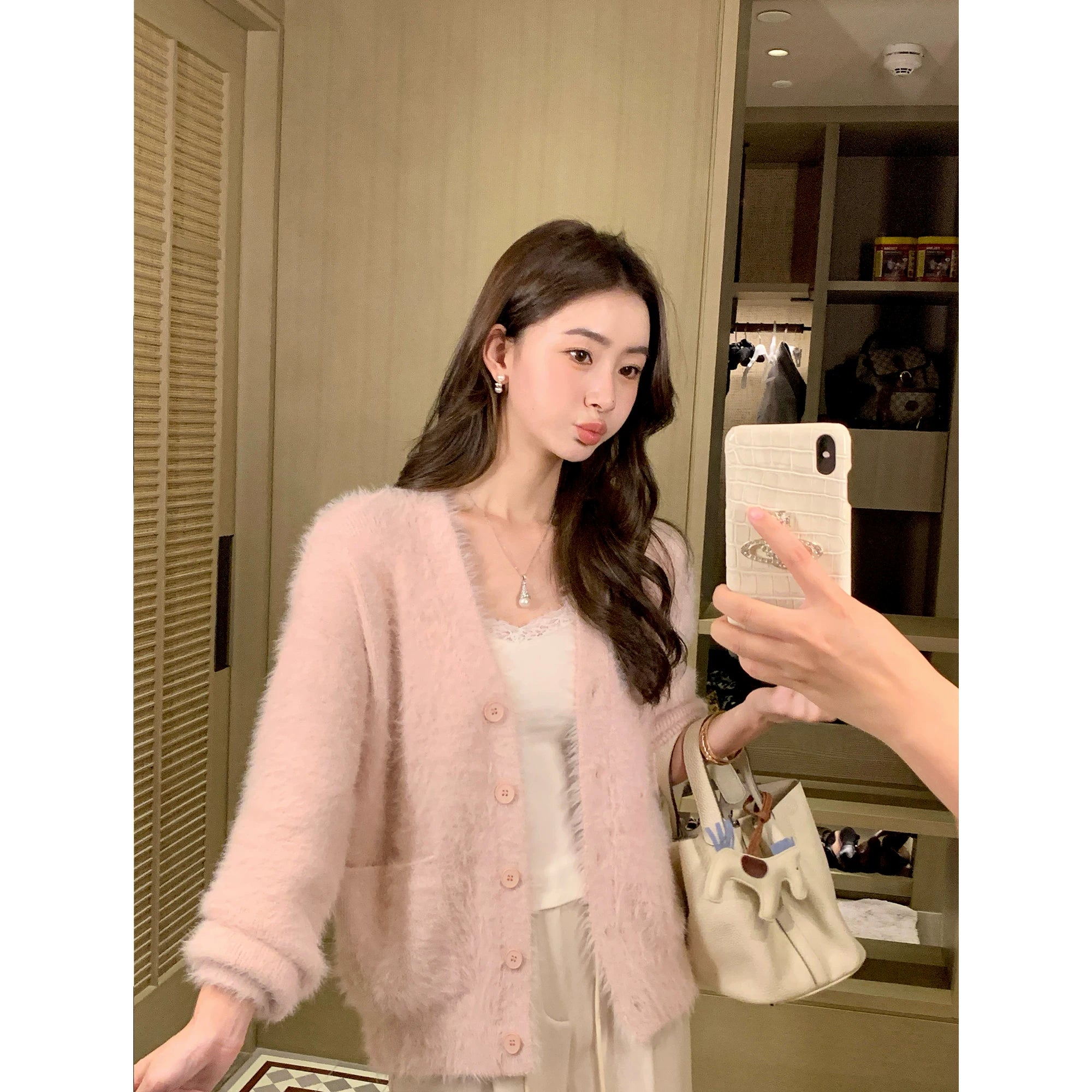 Pusumede  V-neck Loose Imitation Mink Cardigan