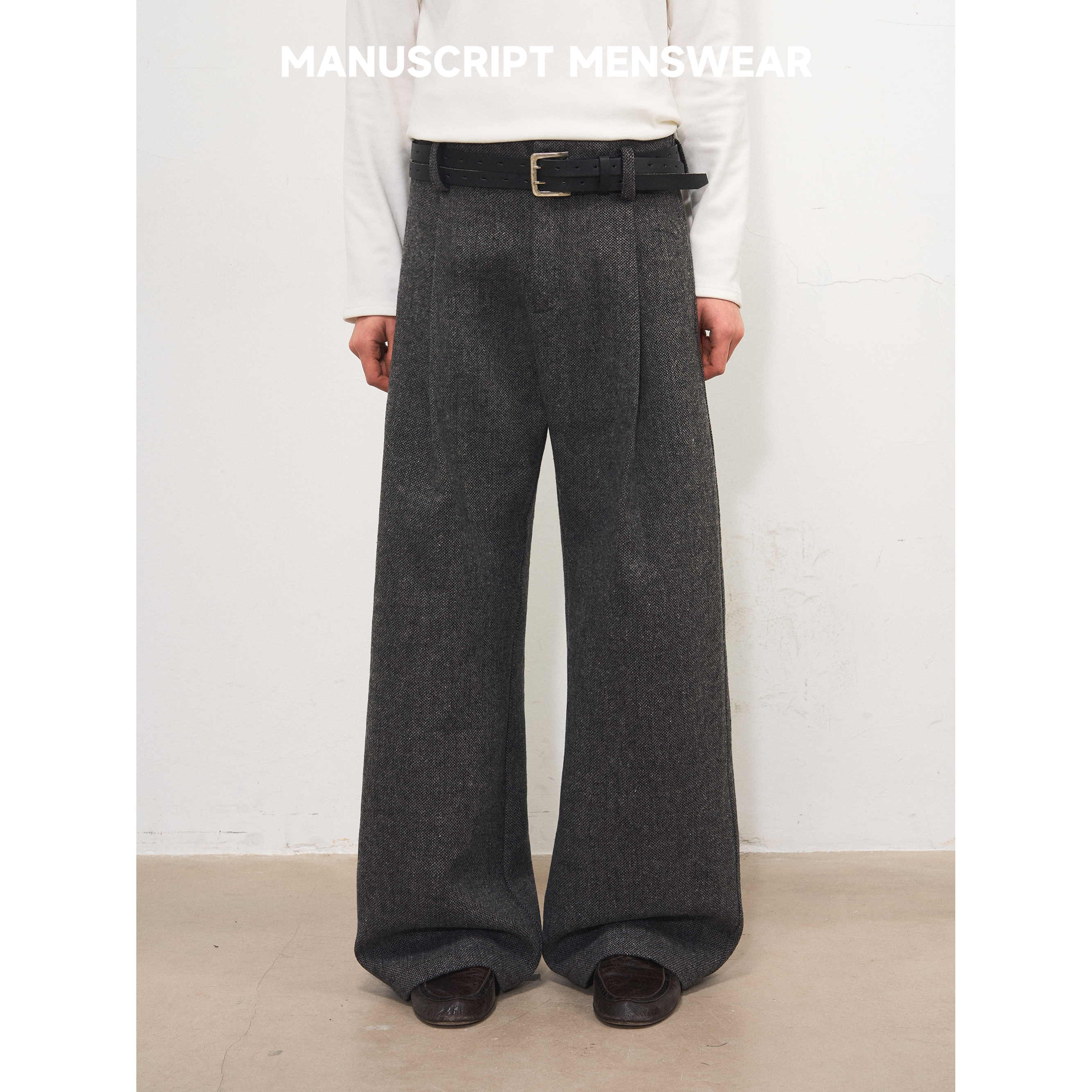 MANUSCRIPT Herringbone Straight Casual Woolen Trousers