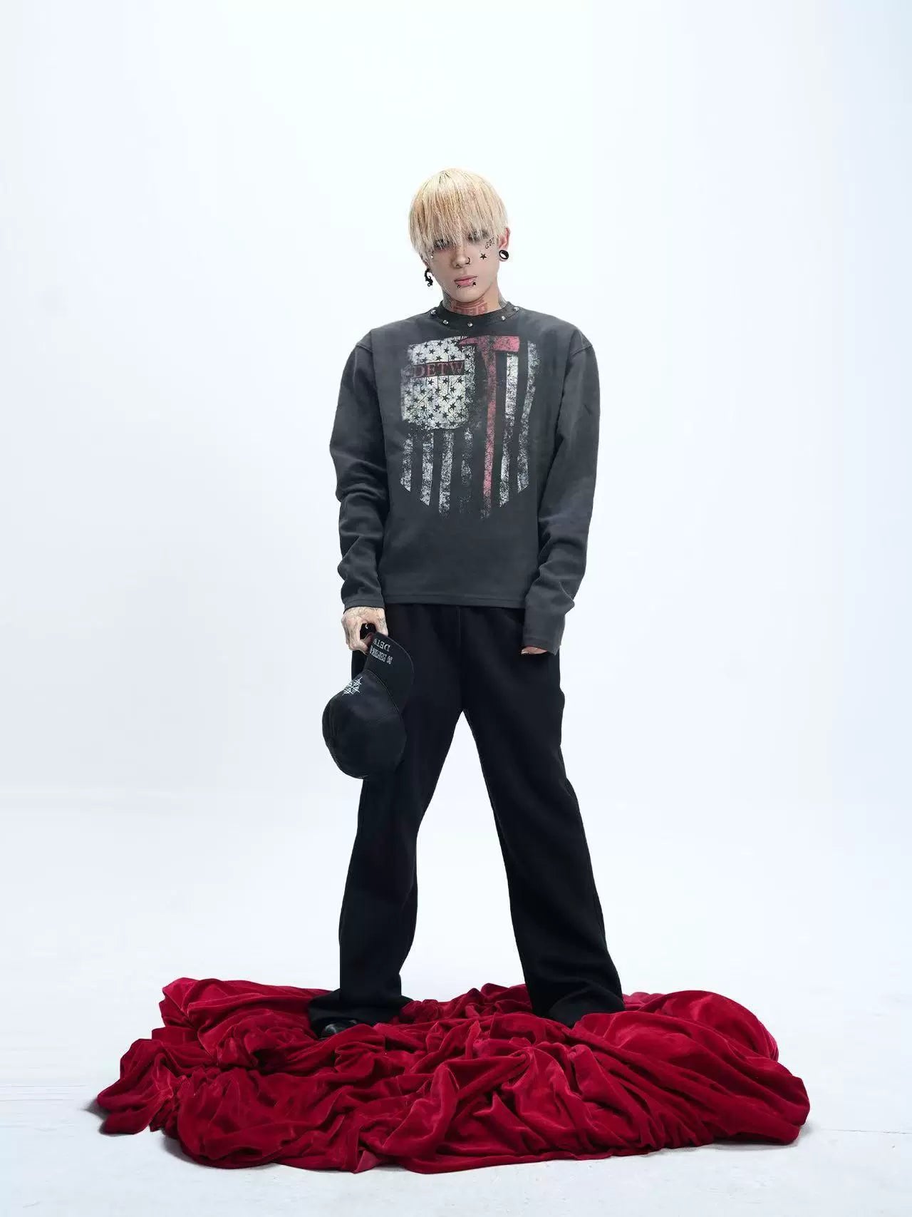 DETW 24AW Original Washed Diablo "Blood Axe" Rivet Vintage Vintage Street Premium Long Sleeve Tee