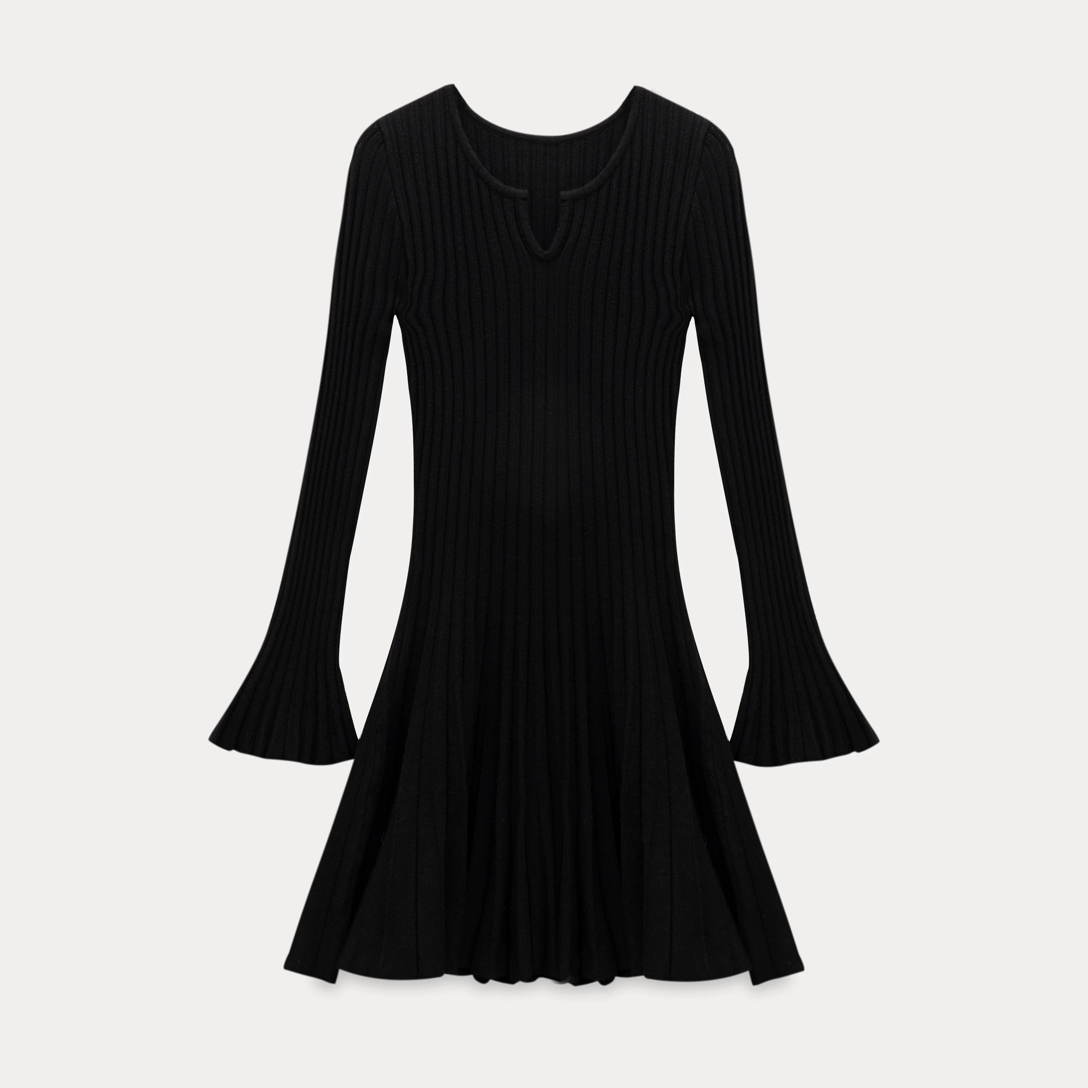 EGGKA V-neck Flared Sleeve Pit Strip Wool Dress
