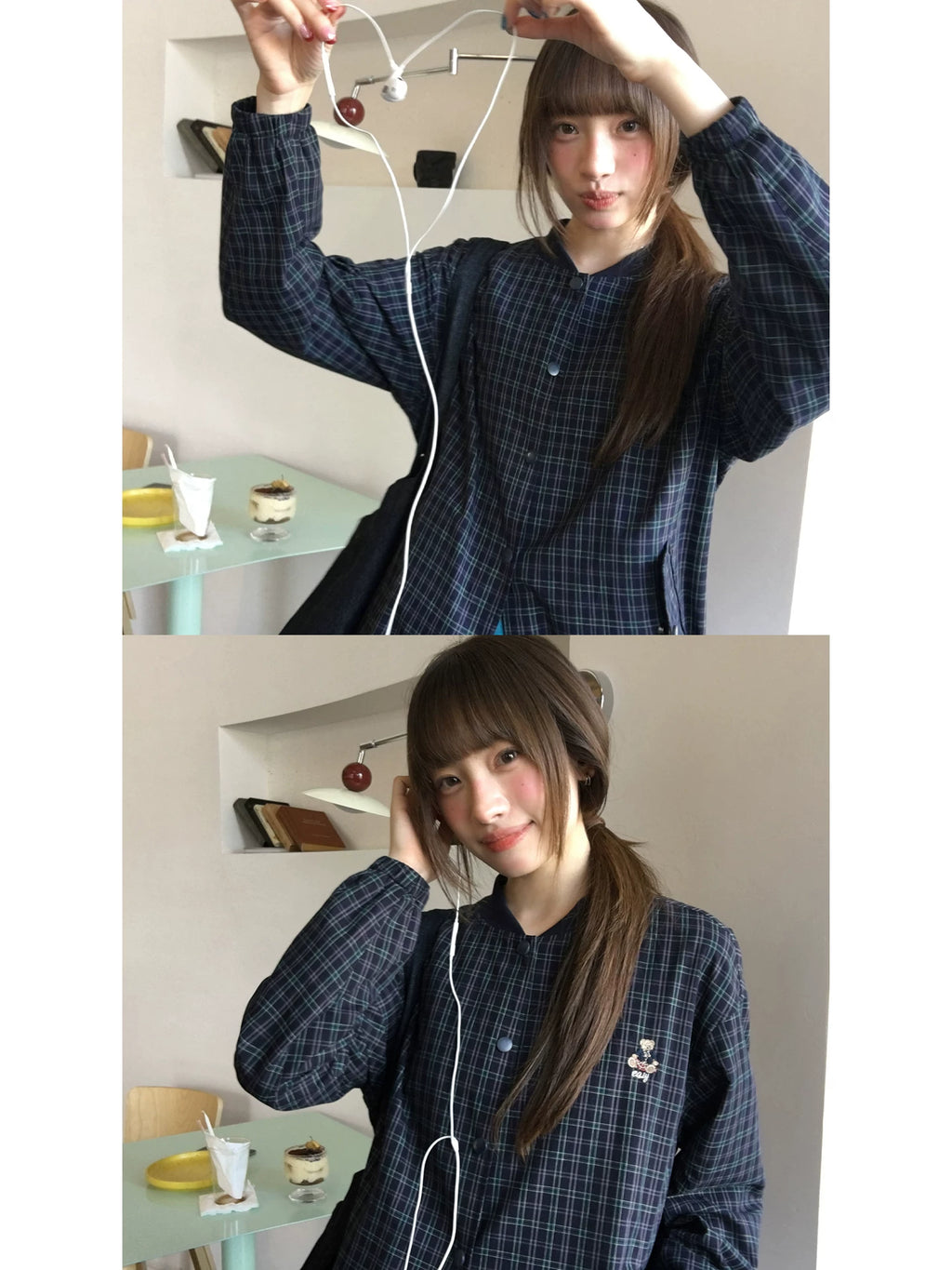 KANO Navy Bear Embroidery Plaid Trim Baseball Jacket