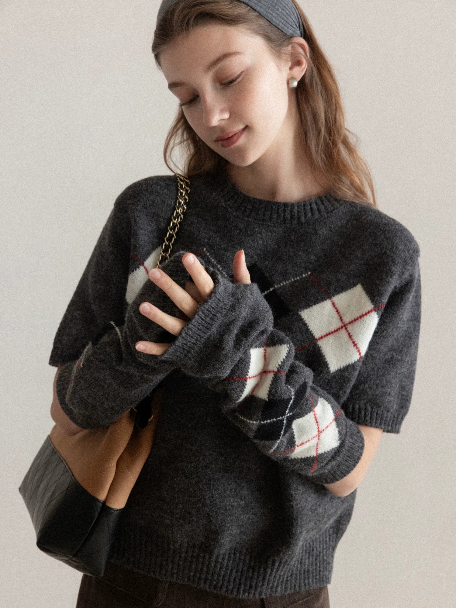 Cantonstory Korean Retro Diamond Sleeve Knitted Sweater (Clearance)