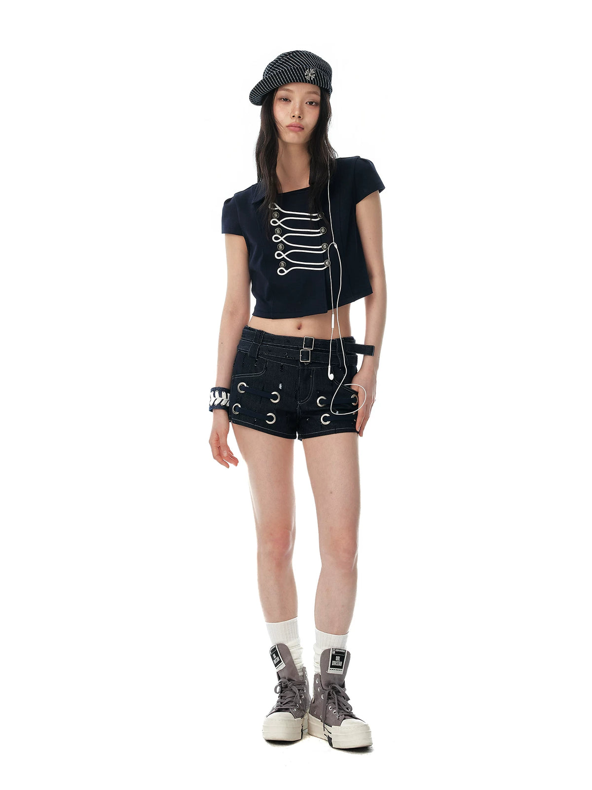 JIKOO High-Waist Straight-Leg Denim Shorts with Double Belt