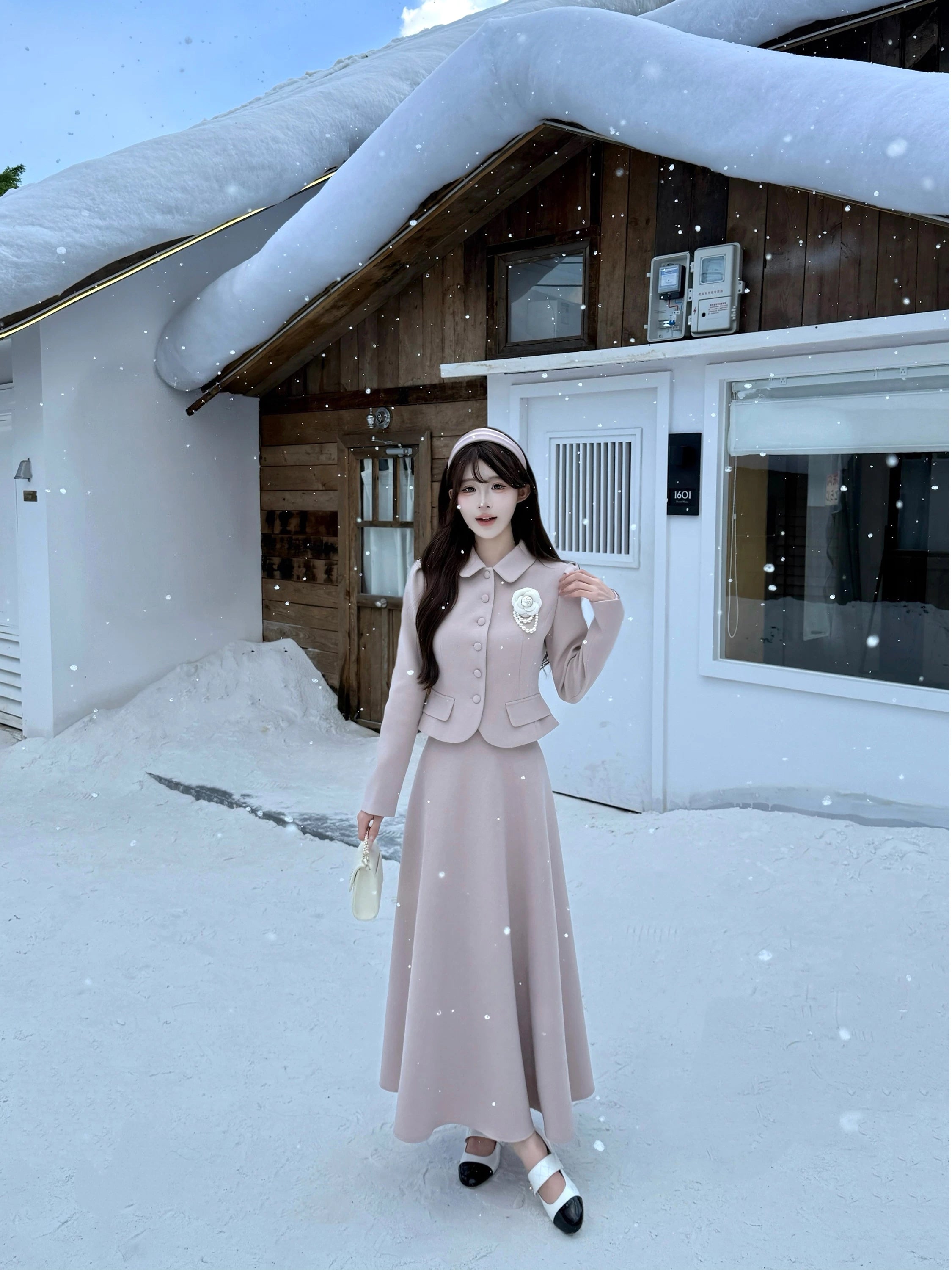 Barb Chill Woolen Doll Collar Slim Fit Short Jacket Long Skirt Set
