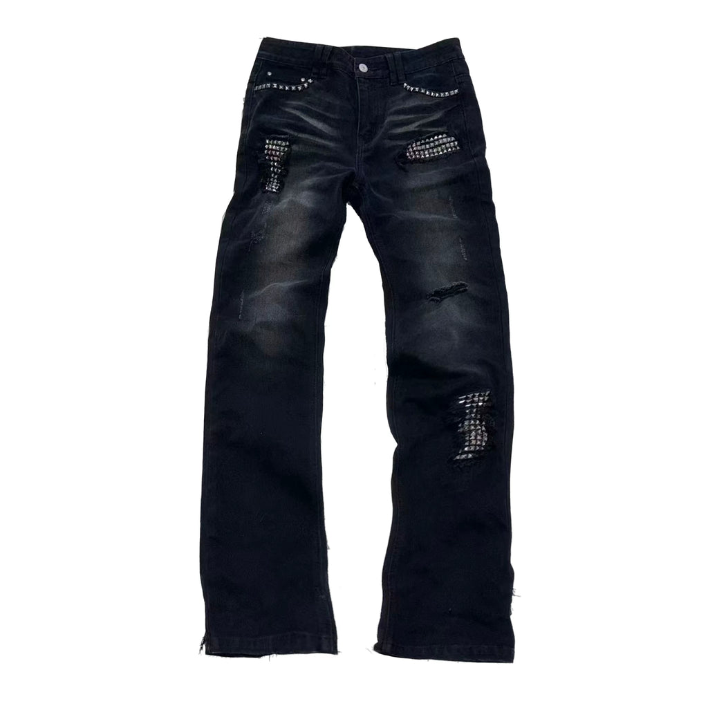 PAIKI Rivet Ripped Slim-fit Micro-elastic Jeans