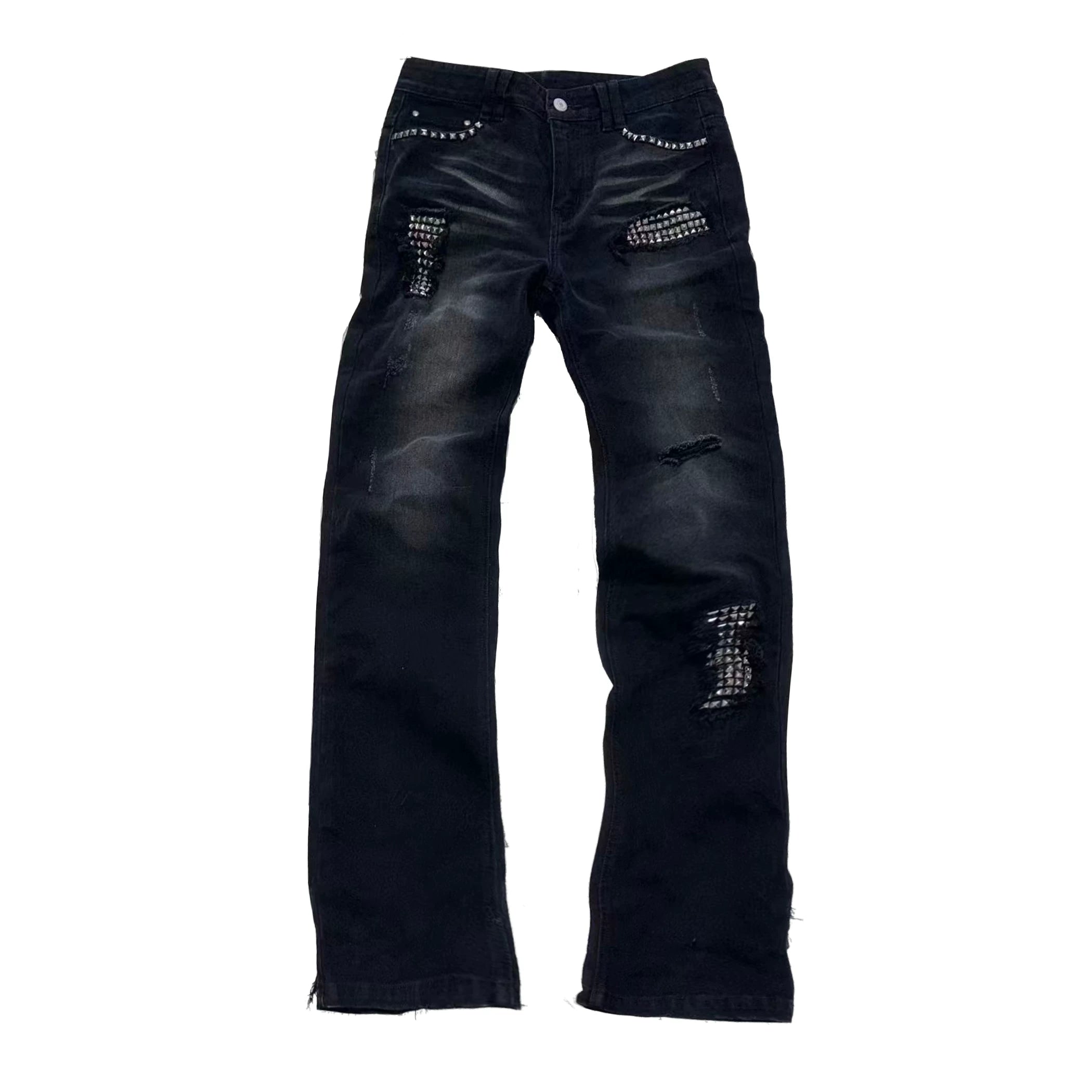 PAIKI Rivet Ripped Slim-fit Micro-elastic Jeans