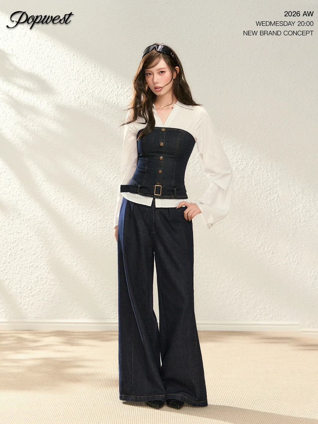 POPWEST Colorblock Denim Strapless Cami & Wide-Leg Pants Set