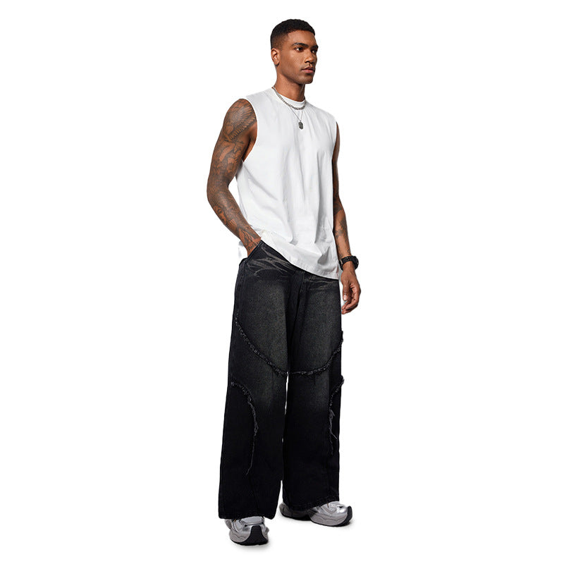 Inflation Loose Old Washed Rough Edge Stitching Jeans