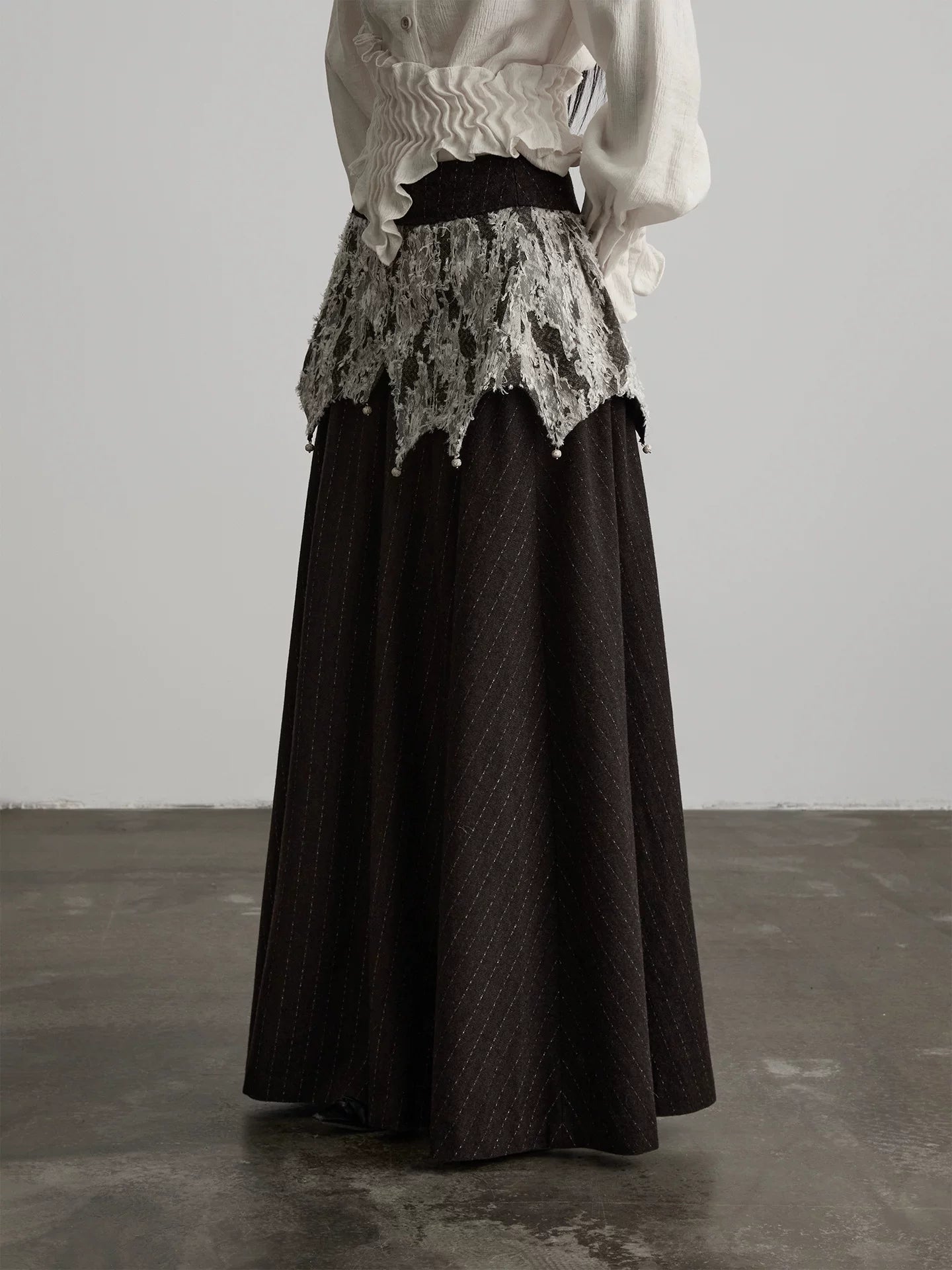 INDULGE Irregular Deconstruction Lace Stitching Striped Skirt