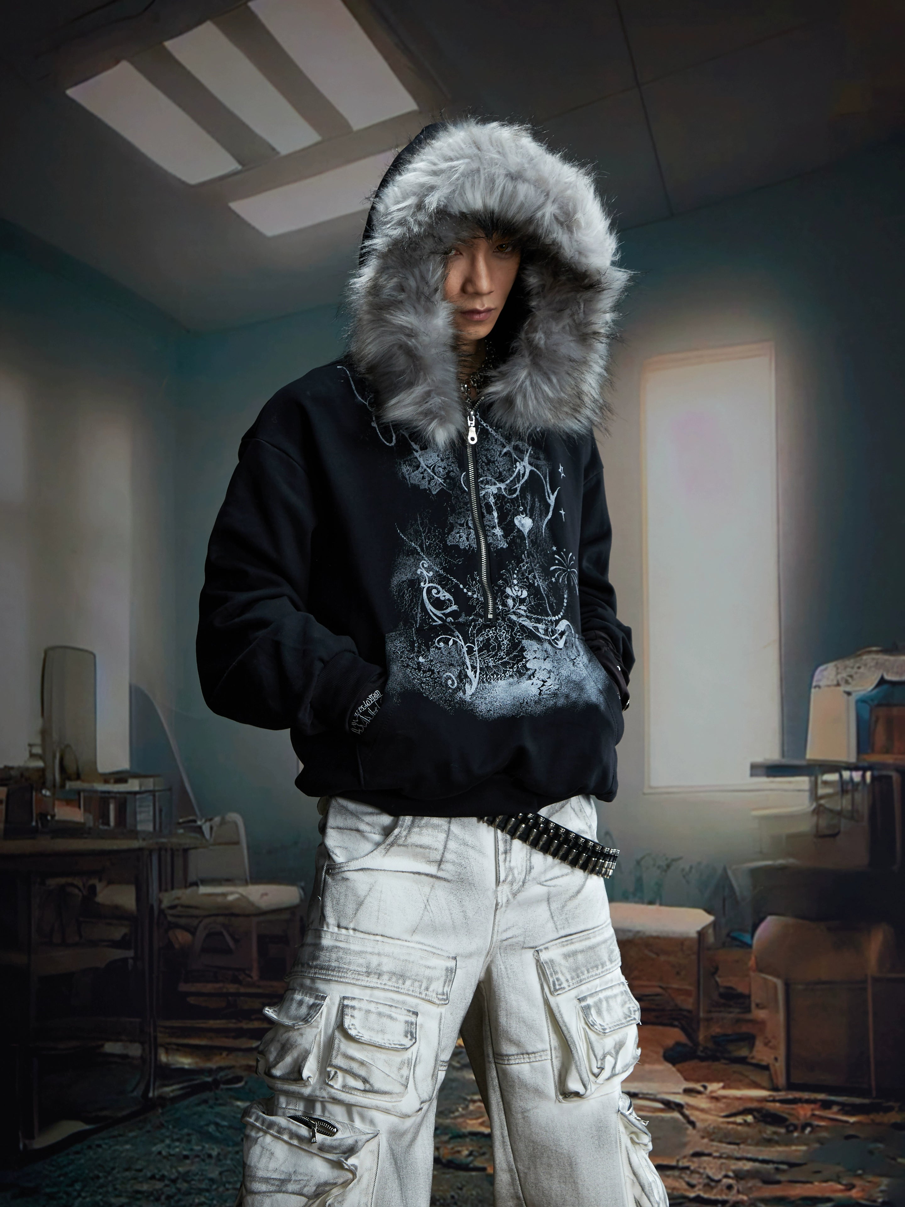 NOMANIAI Hairy Hooded Print Half Zipper Short Sweater