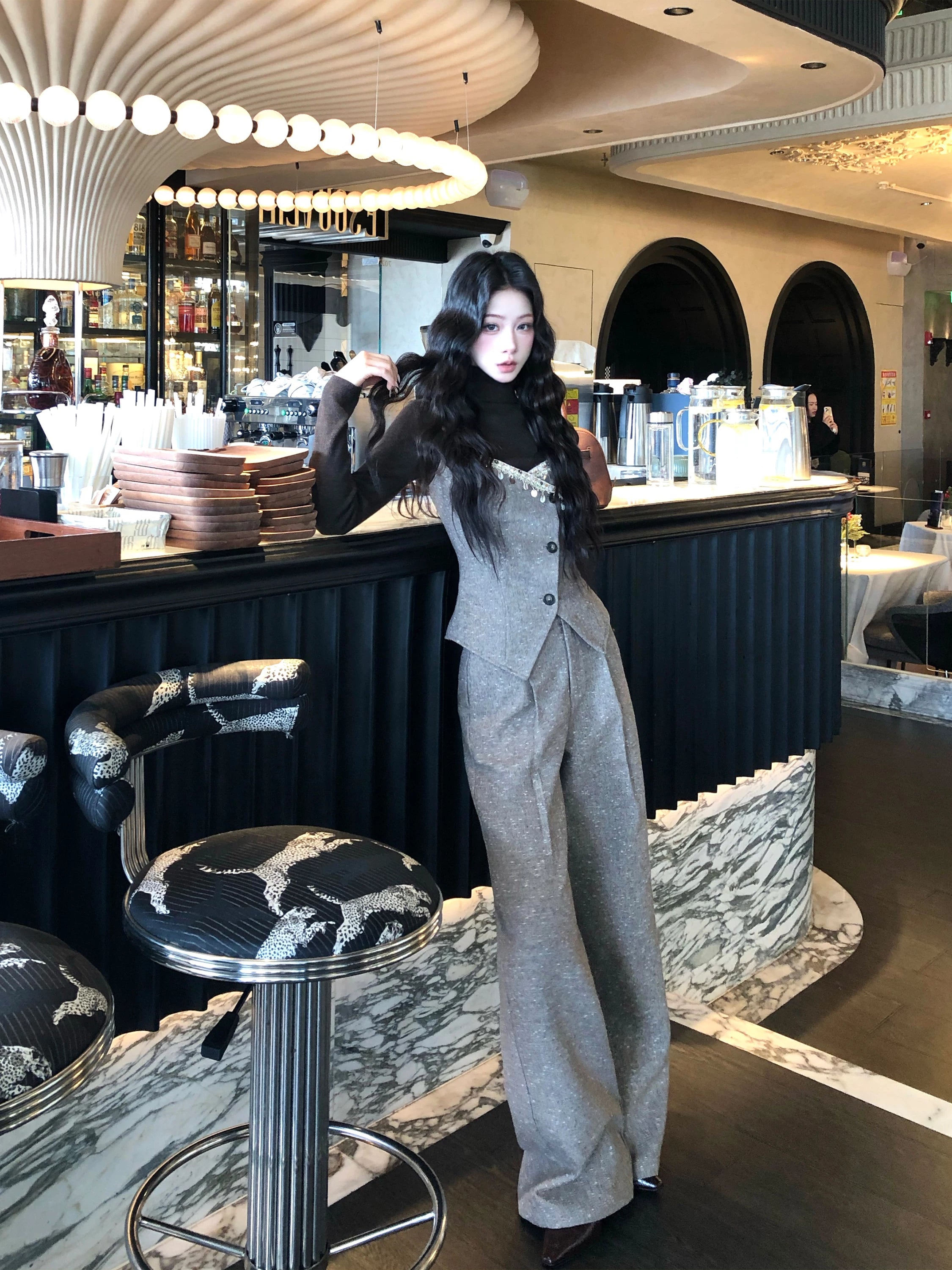 Barb Chill Lace Vest Suit Wide Leg Pants Suit