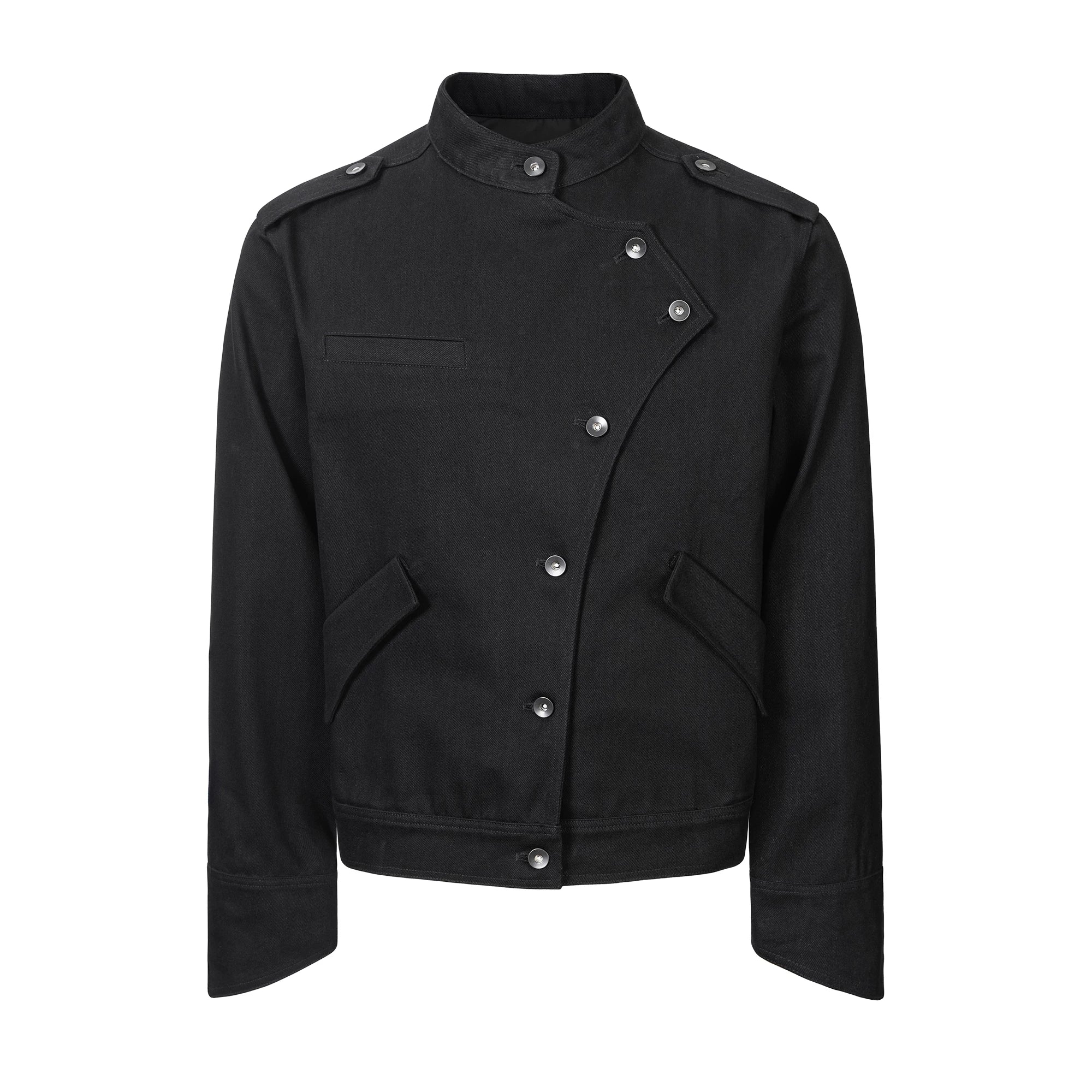 Esaias Stand-up Collar Slanted Placket Denim Jacket