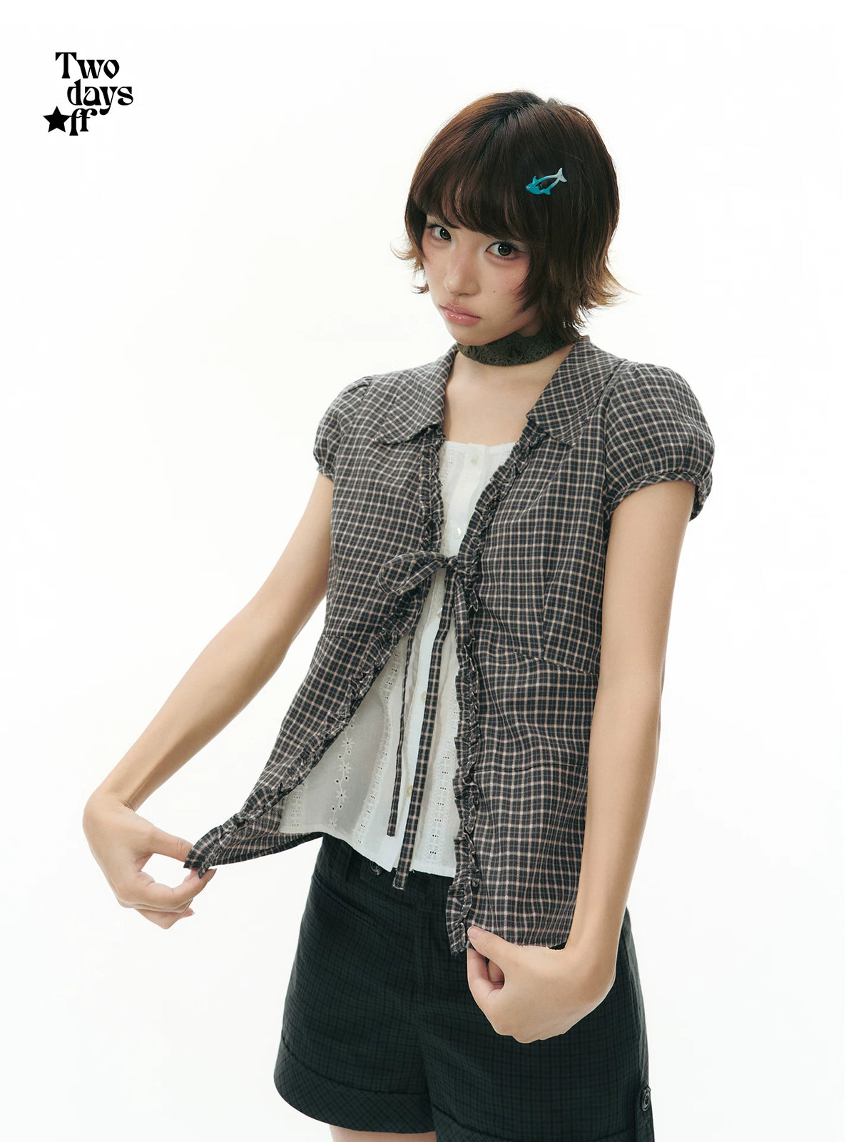 Two days off lab Plaid Colorblock Faux Two-Piece Loose Shirt
