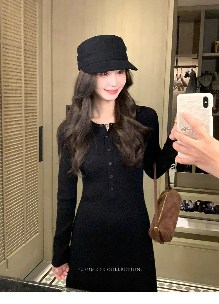 Pusumede Simple Henry Neck Long Sleeve Dress