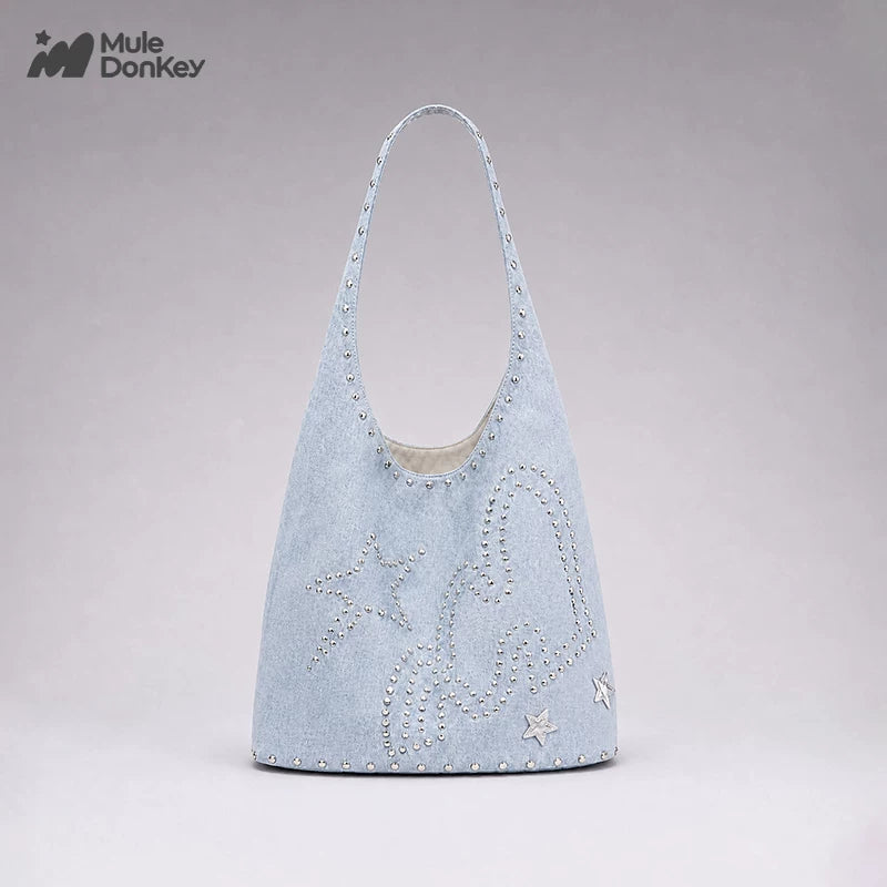 Mule Donkey Blue Denim Studded Shoulder Bag - Star Print