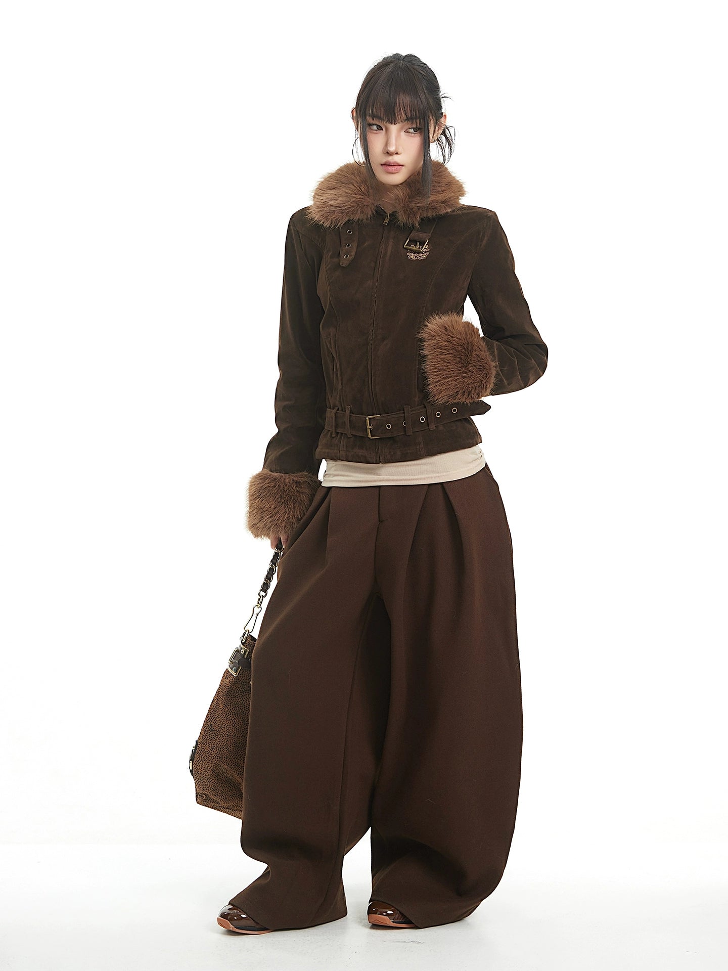 UNCMHISEX Vintage Fur Collar Stitched Deerskin Velvet Cotton Suit