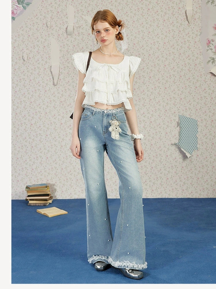 UNIFREE Beaded Lace Stitching High Waist Slim Jeans