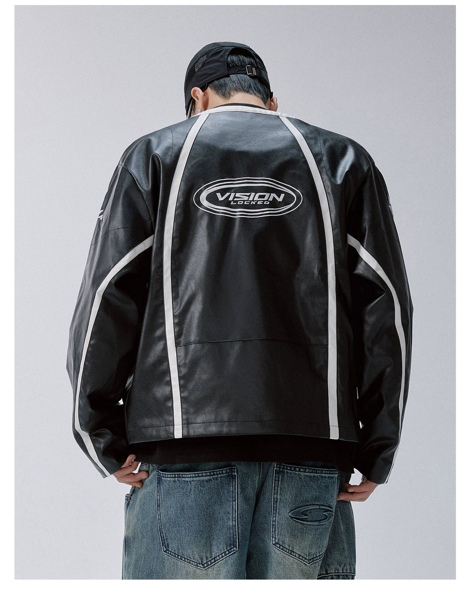 F2CE Embroidered Vintage Striped Stitched Loose Leather Jacket