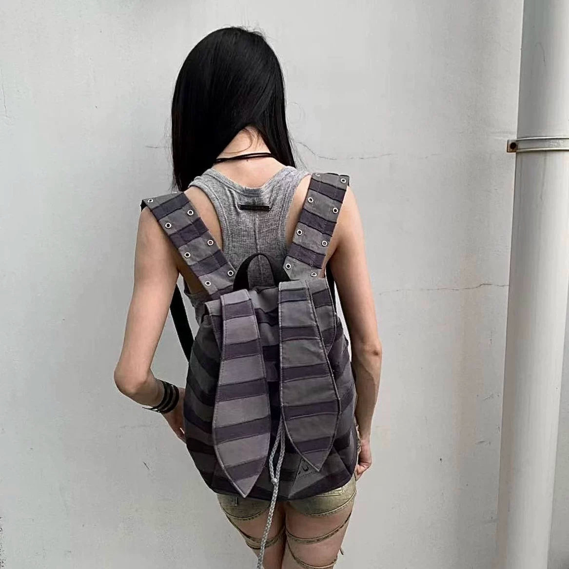 SAUCE Stripe Patchwork Rabbit-Ear Canvas Backpack
