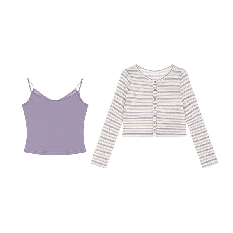 KANO Striped Cropped Cardigan Two-Piece Set