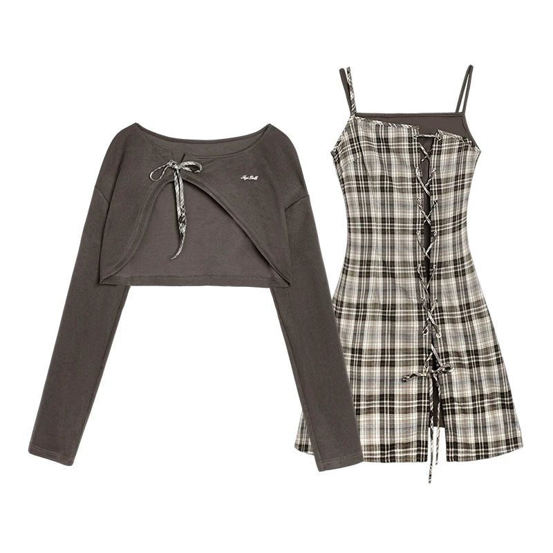 SagiDolls Girl Power Brown Plaid Camisole & Cardigan Two-Piece Set