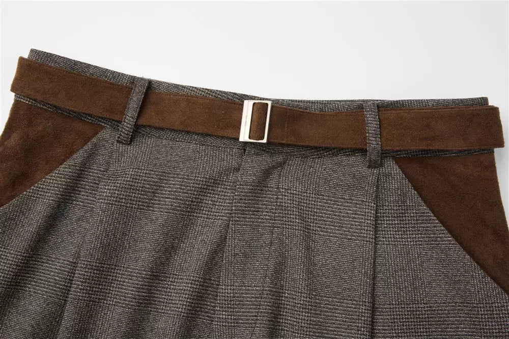 AMBSOM Suede Pleated Houndstooth Patchwork Capri Shorts