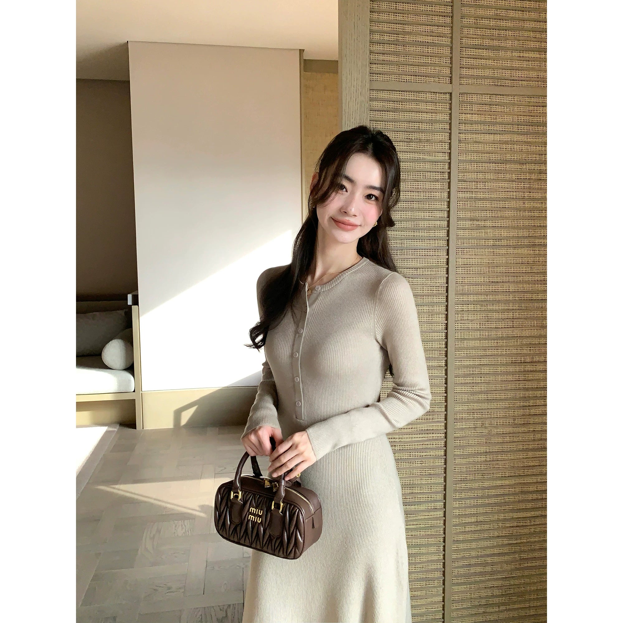 Pusumede Simple Henry Neck Long Sleeve Dress