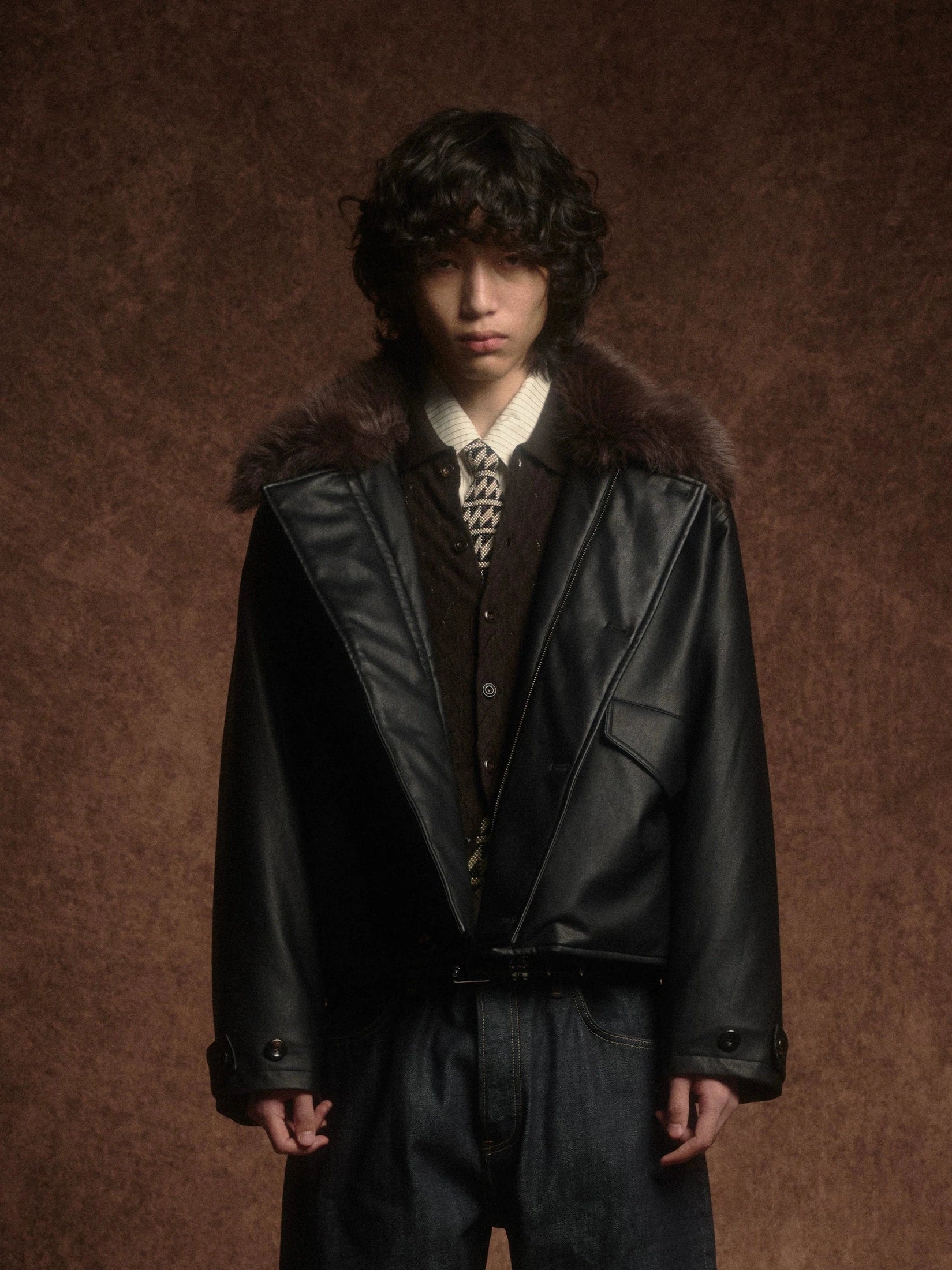 Azure Lisseur Sweater Collar Leather Jacket