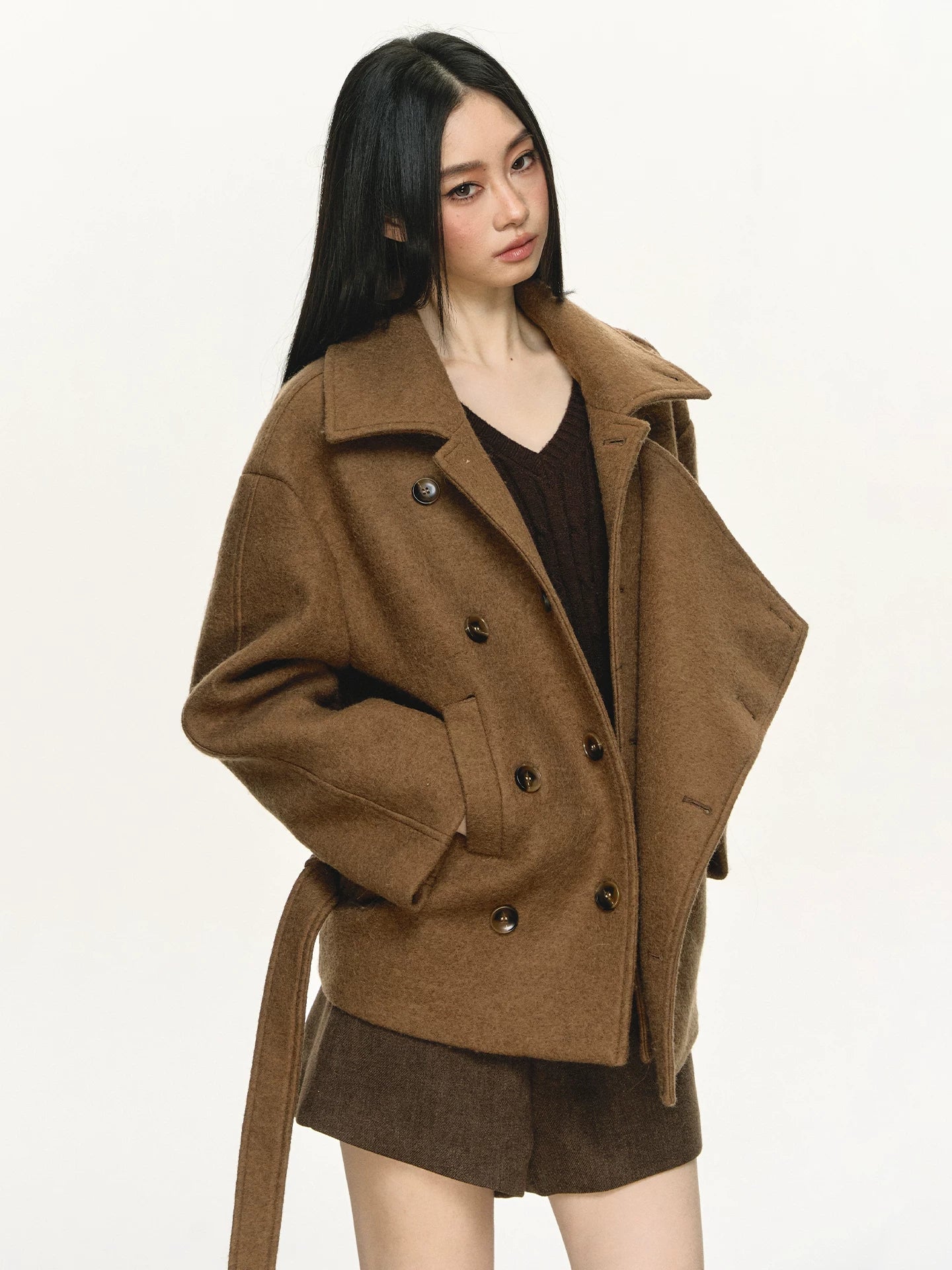 Anna Aneae Double-breasted Short Wool Double-sided Tweed Jacket