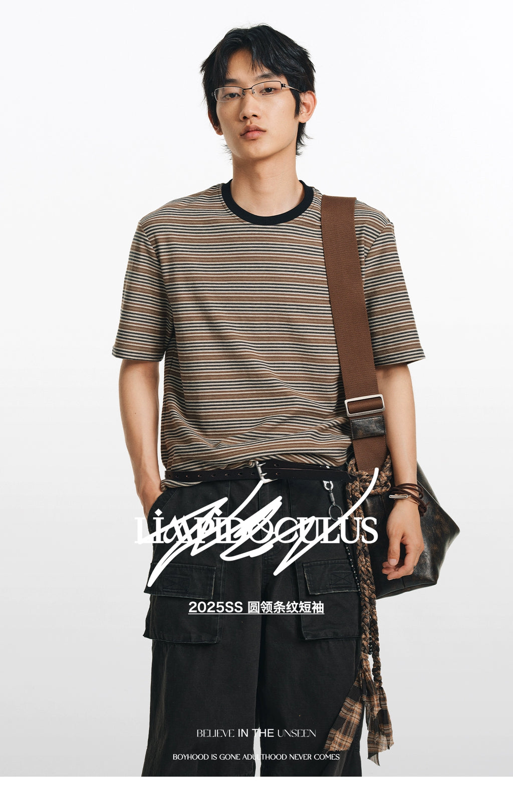 LIMPIDOCULUS Silhouette Contrasting Ribbed Crew Neck Vintage Striped TEE