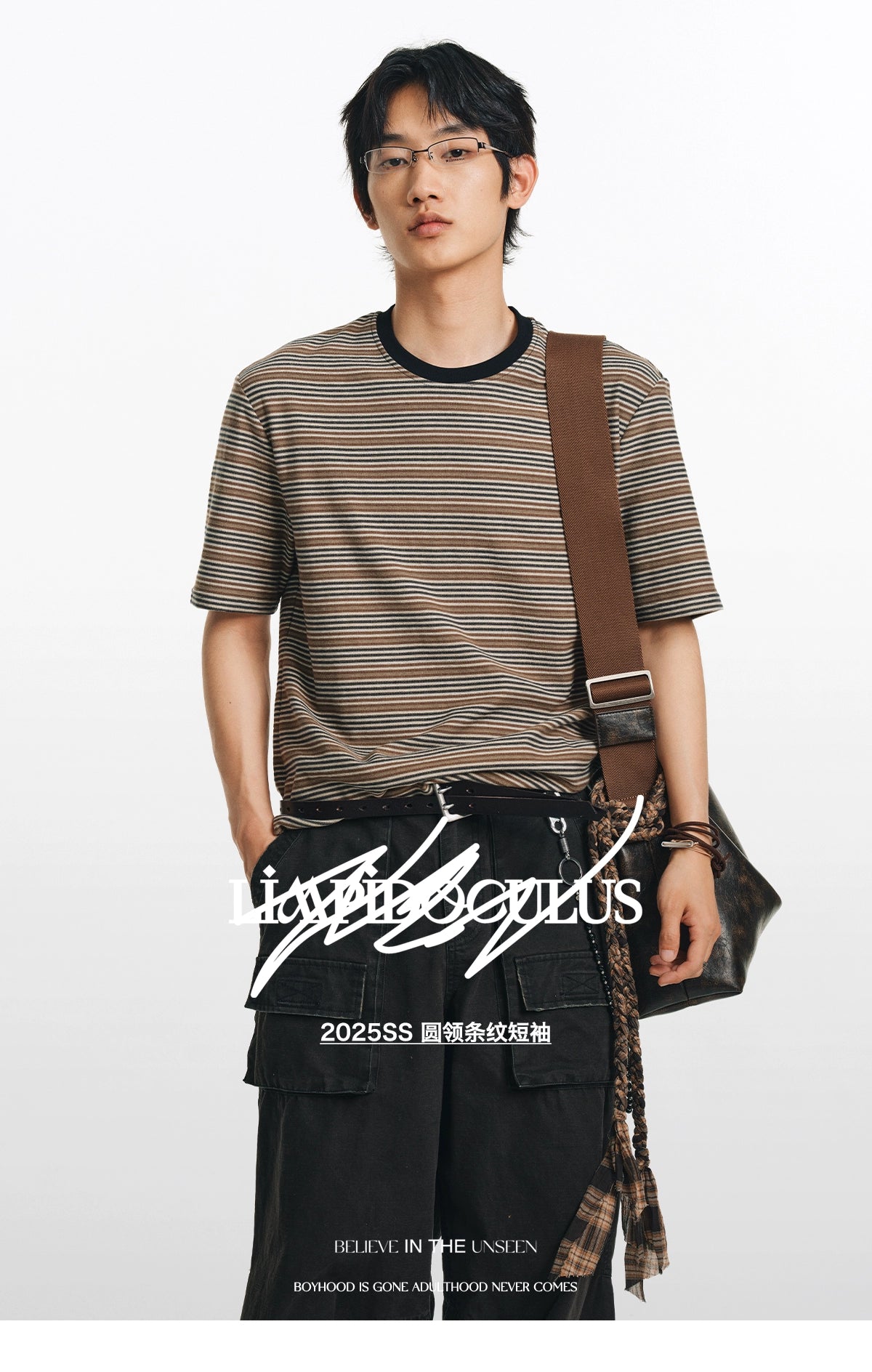 LIMPIDOCULUS Silhouette Contrasting Ribbed Crew Neck Vintage Striped TEE