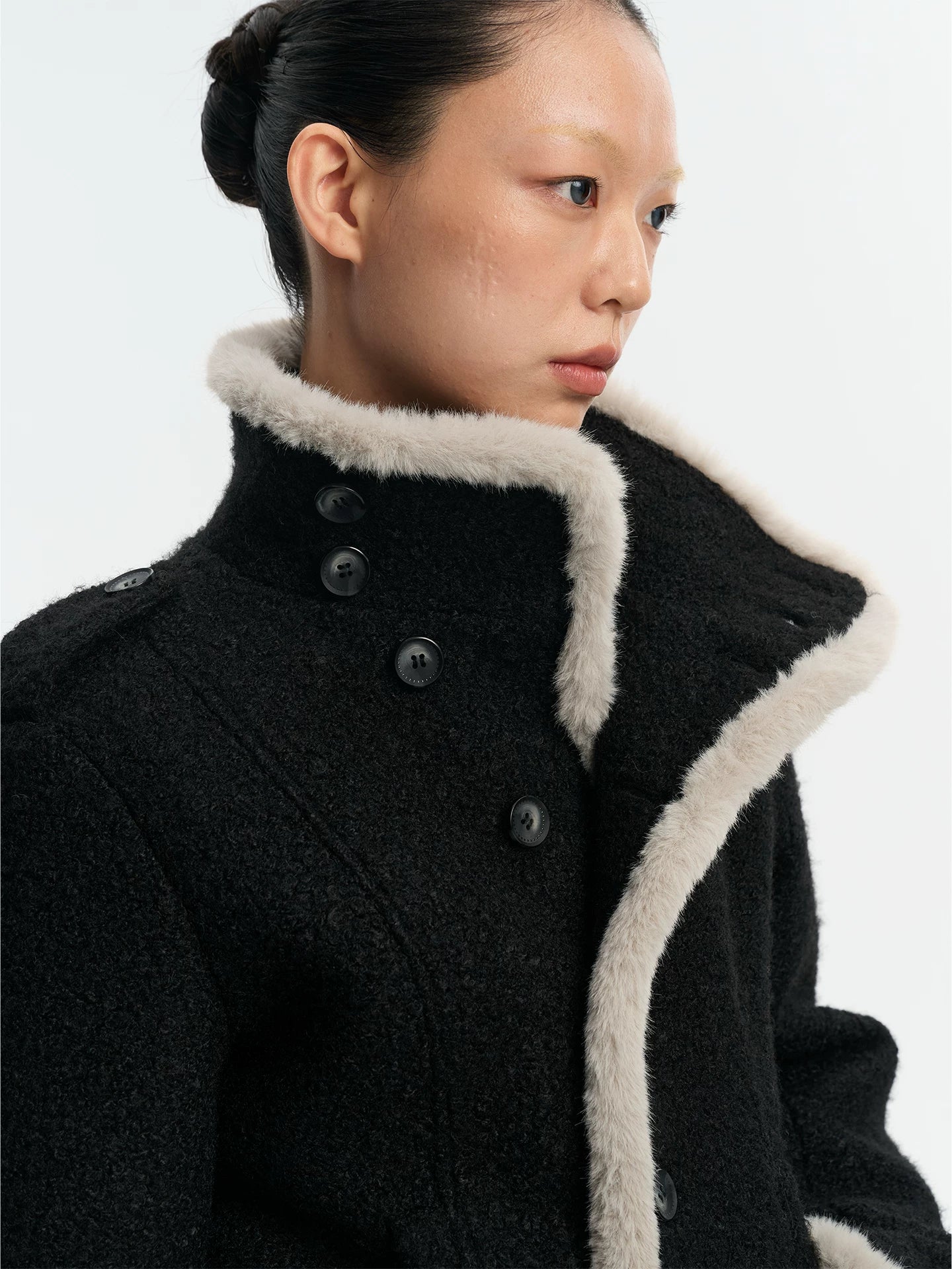 LINY LIBERTY Contrasting Top Stitching Stand-up Collar Woolen Jacket