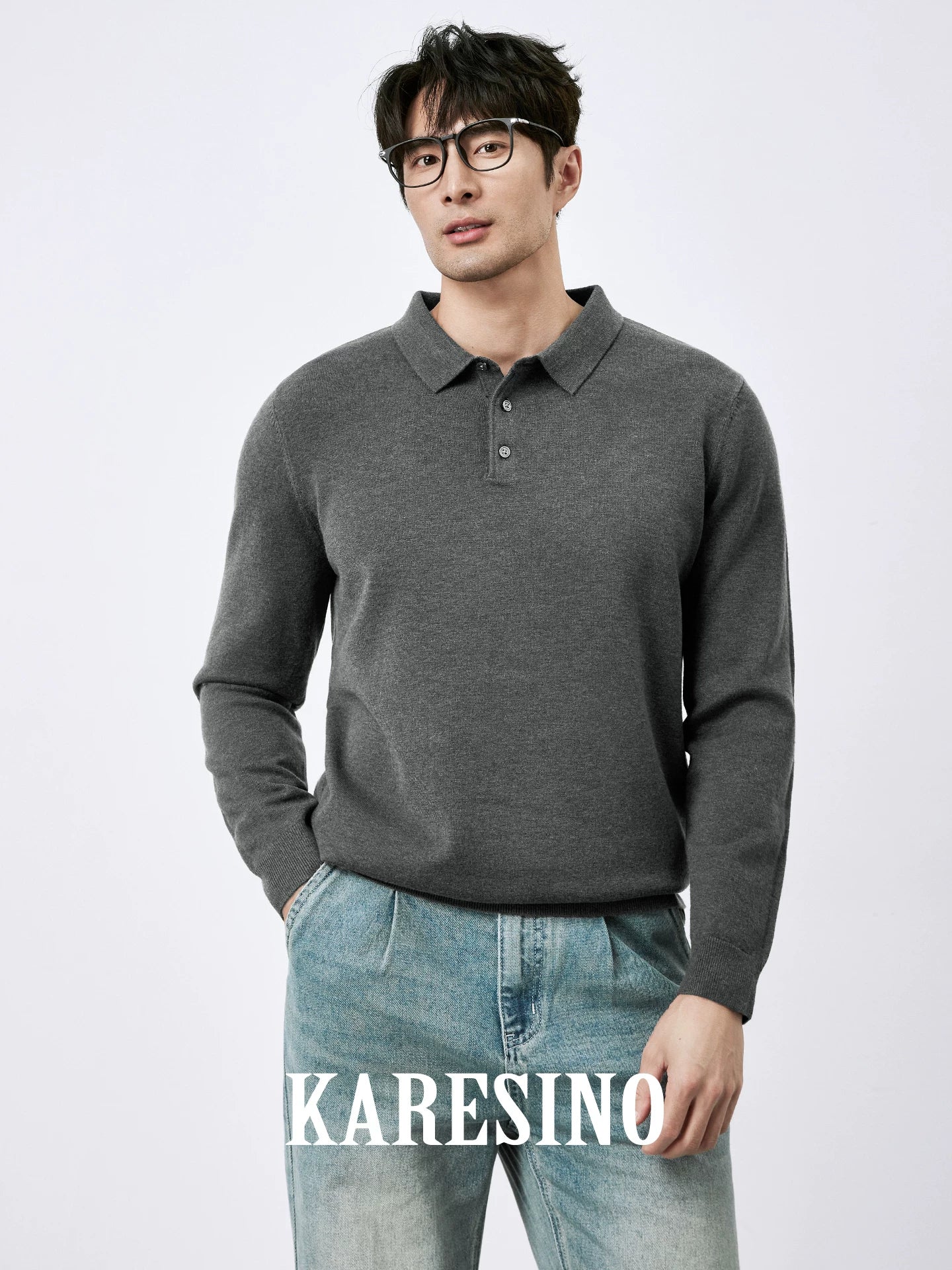KARESINO Lyocell Wool, Lapel Polo Knitted Sweater