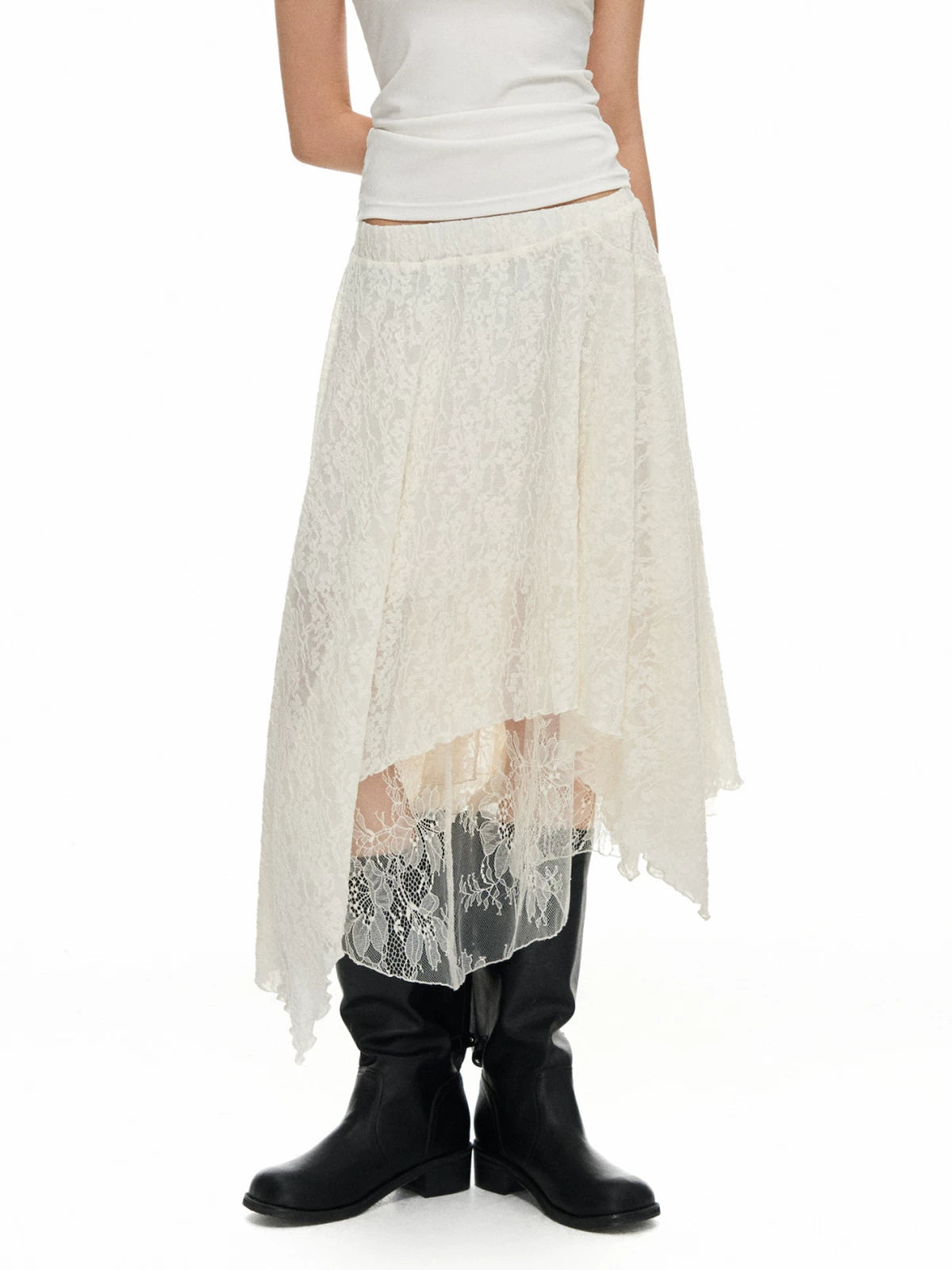 TGNS Lace Asymmetric High-Waist Midi Skirt