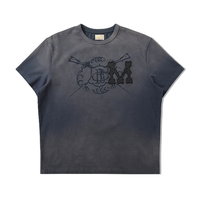 Mbbcar 240g Breathable Sun-Dried Washed Blue Flocked Tee