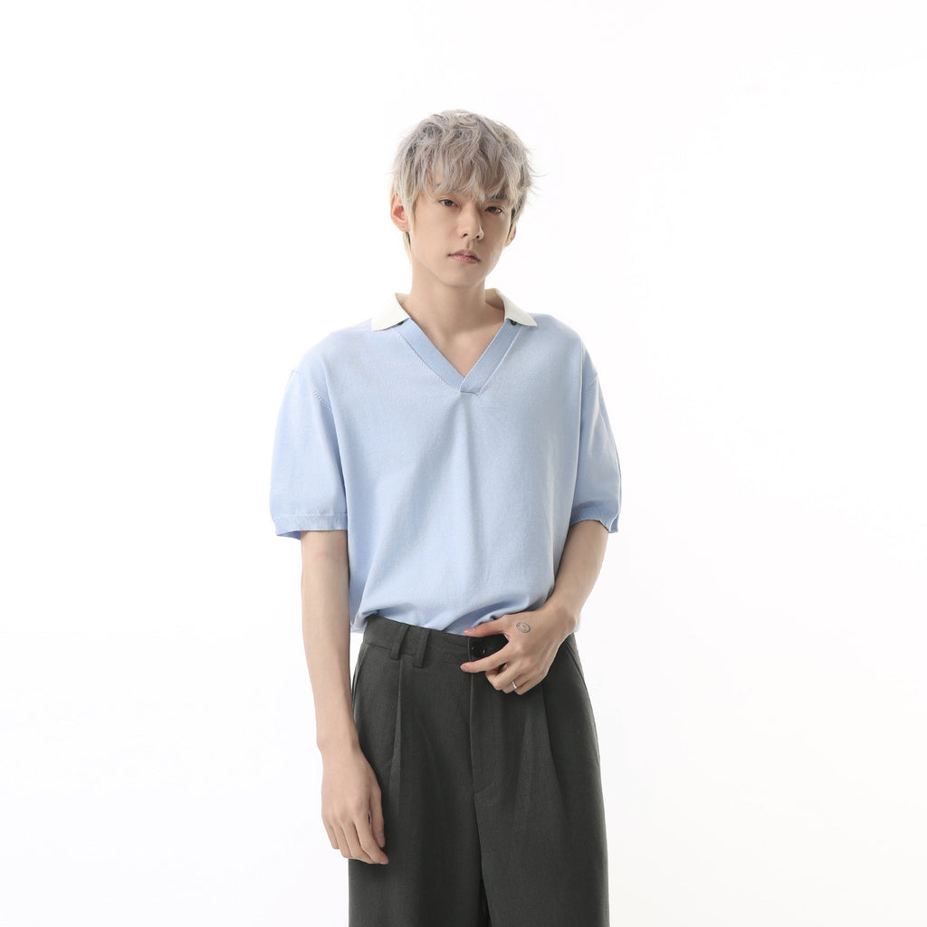 MTLCLOTHES Simple V-neck Knitted Polo Shirt