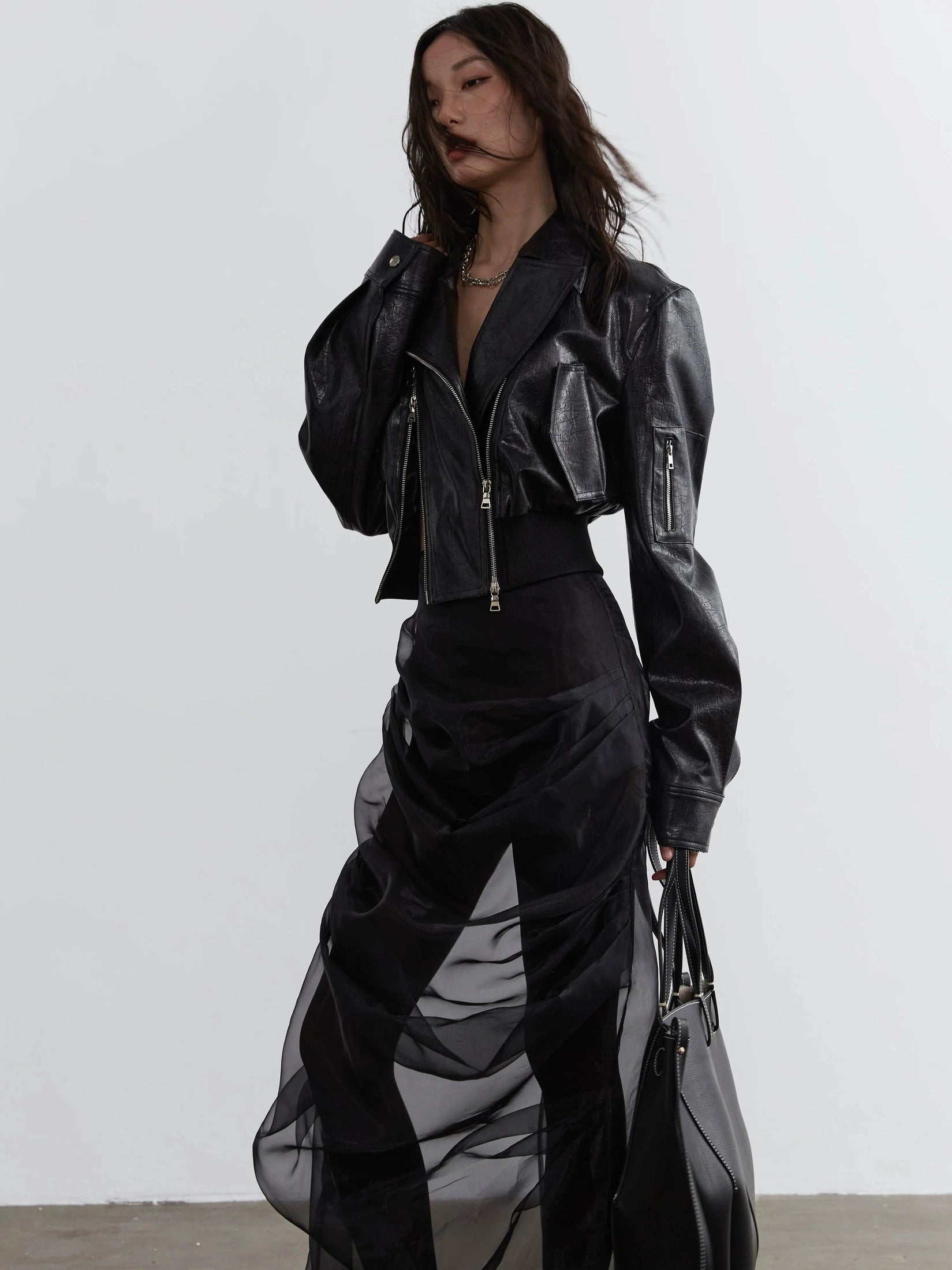 JNYLON Hollow PU Leather High-waisted Ultra-short Jacket