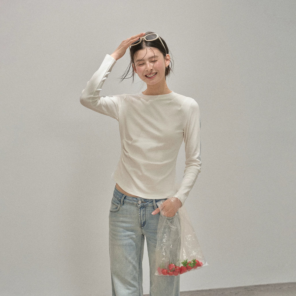 XUJING Pleated Front Shoulder Slim and Thin Tee