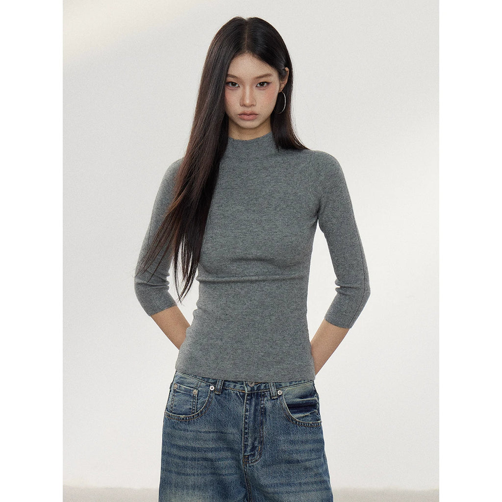 WITHMIN Solid Color Half-Turtleneck 3D Print Pullover Top