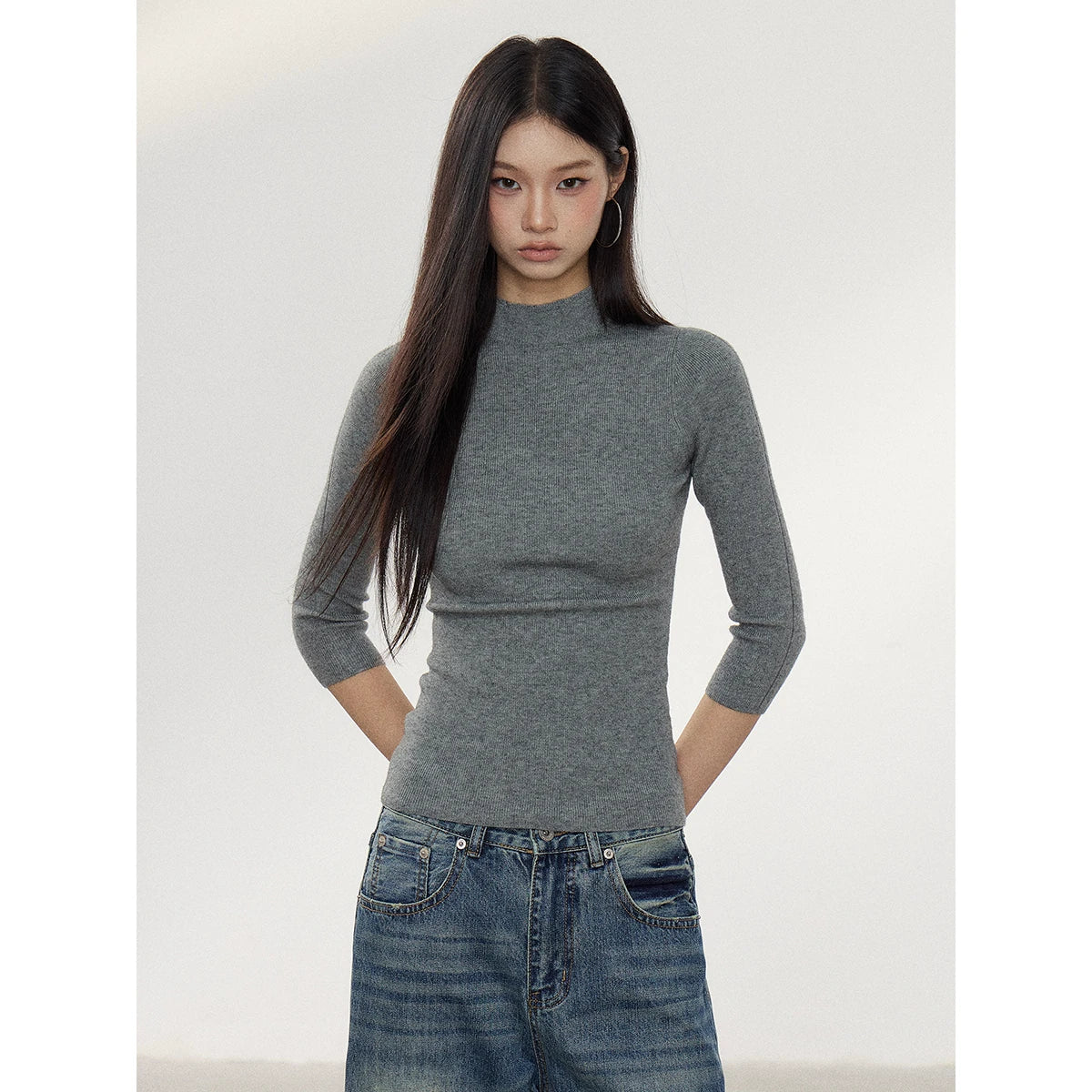 WITHMIN Solid Color Half-Turtleneck 3D Print Pullover Top