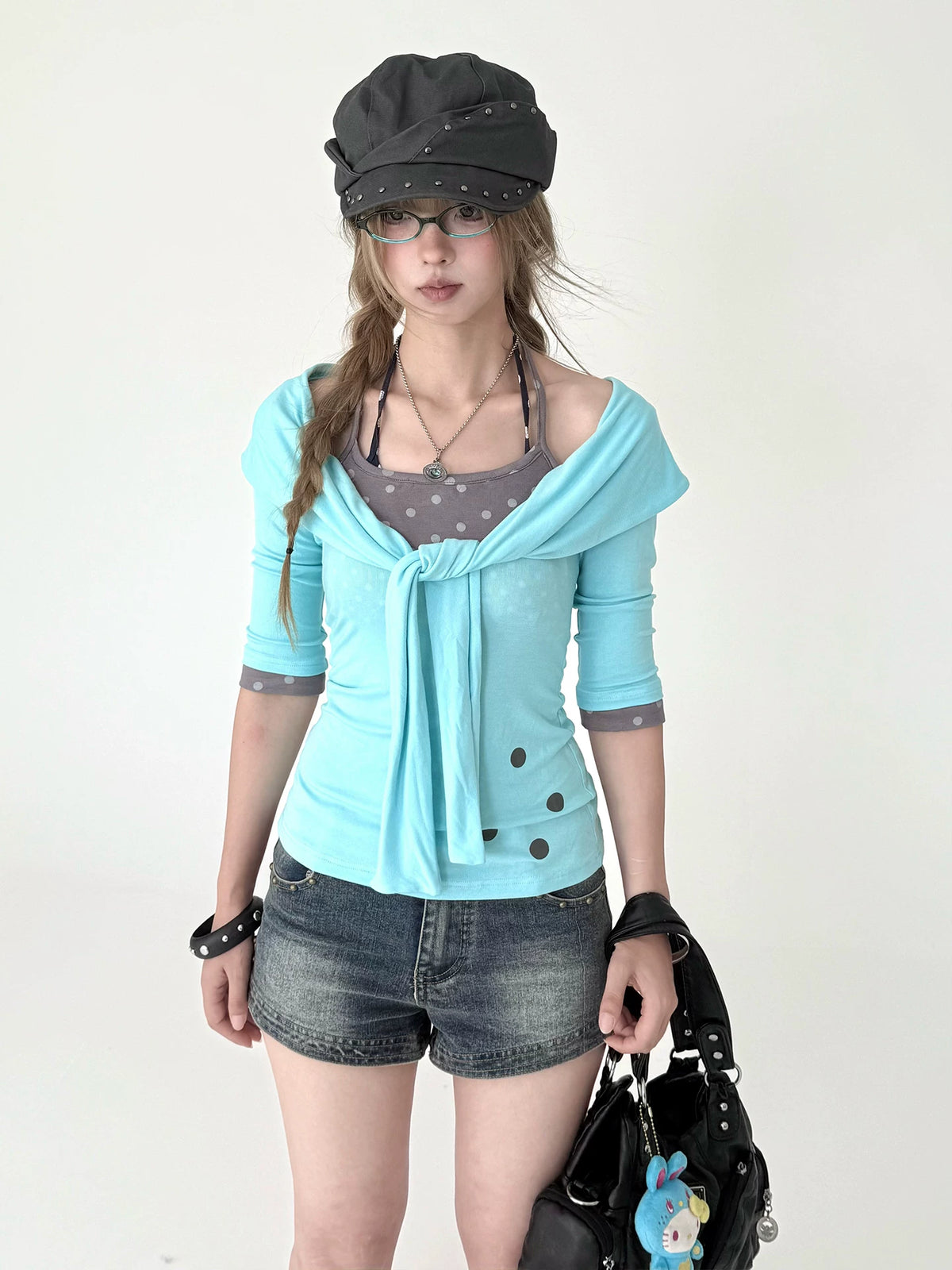 Kasugano TOO Water Blue Polka Dot Fitted Henley Tee