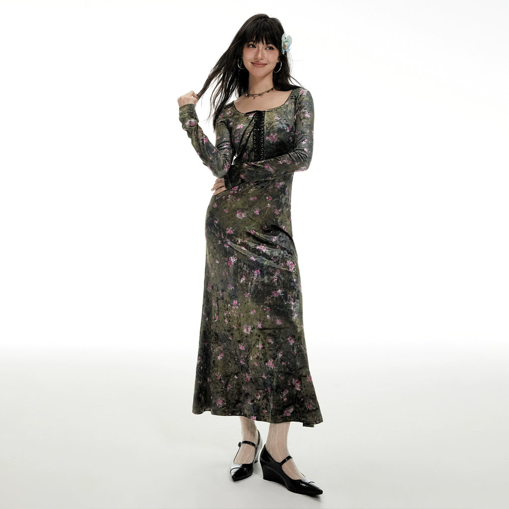 Imone Retro Chest Strap Waist Slim Square Neck Velvet Dress