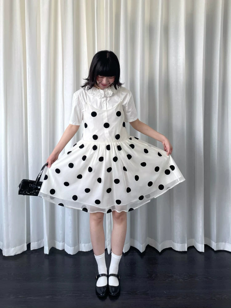 Loosesmell Splicing Pleated Dot Mesh Suspender Skirt